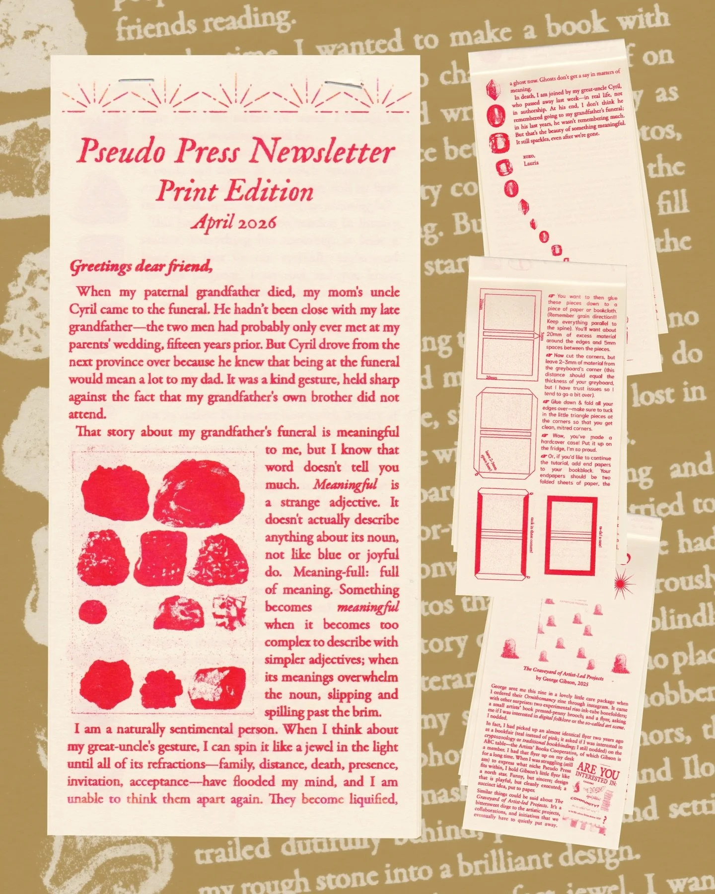 The April Pseudo Newsletter is on route to my snail mail subscribers!! 💌🐌🪨🤘🏻

April&rsquo;s newsletter discussed making meaningful things (with a big side of squishy sentimentality), plus a whole &ldquo;How to Make a Hardcover Case&rdquo; tutori