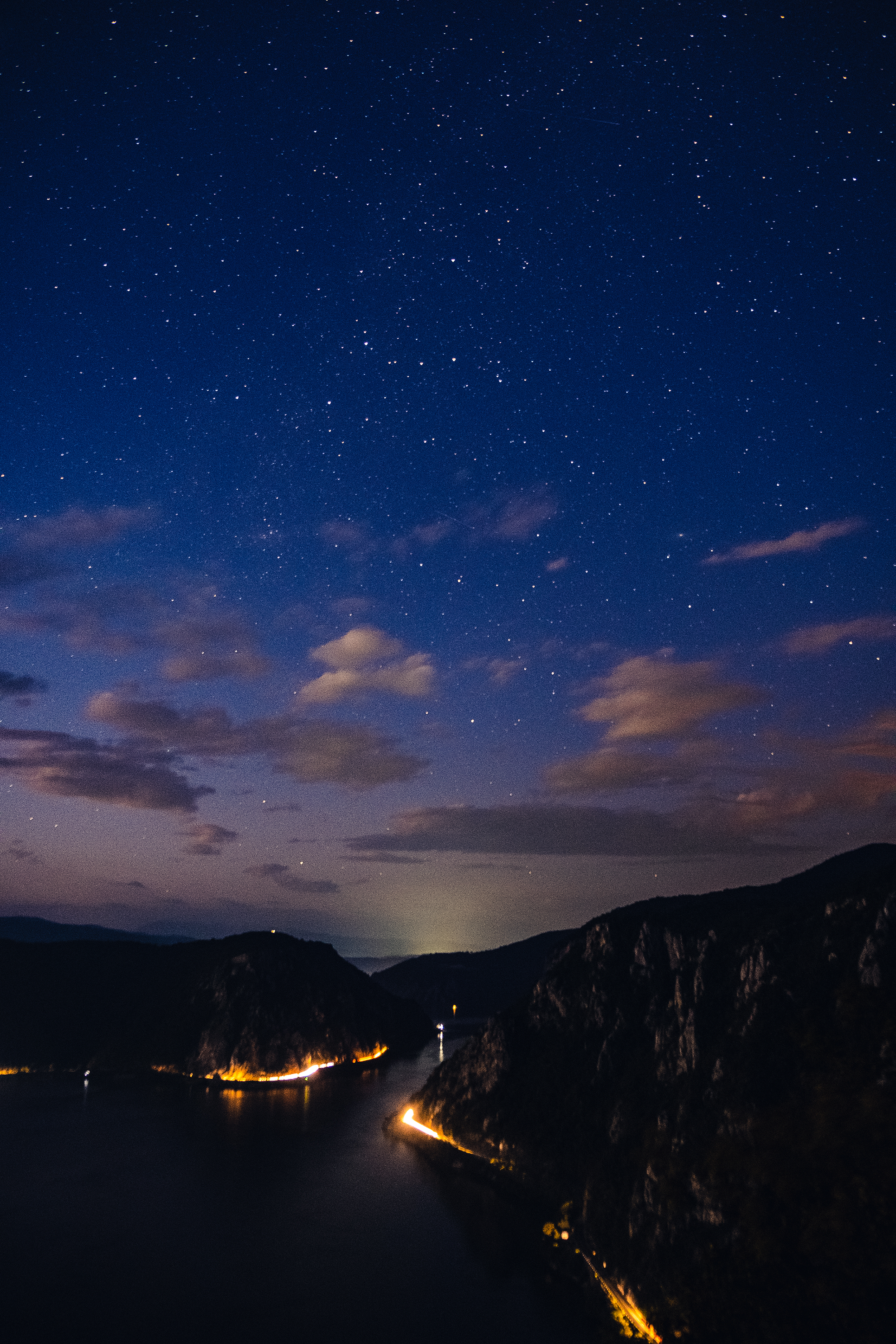 The Danube river splitting Romania and Serbia viewed from the 'Ciucaru Mare' mountain, captured on 20/08/2020