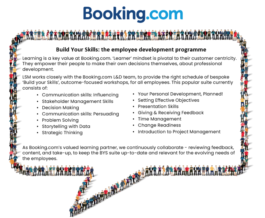 Booking.com logo with a speech bubble made of diverse people surrounding the employee development program details, including skills and workshops.