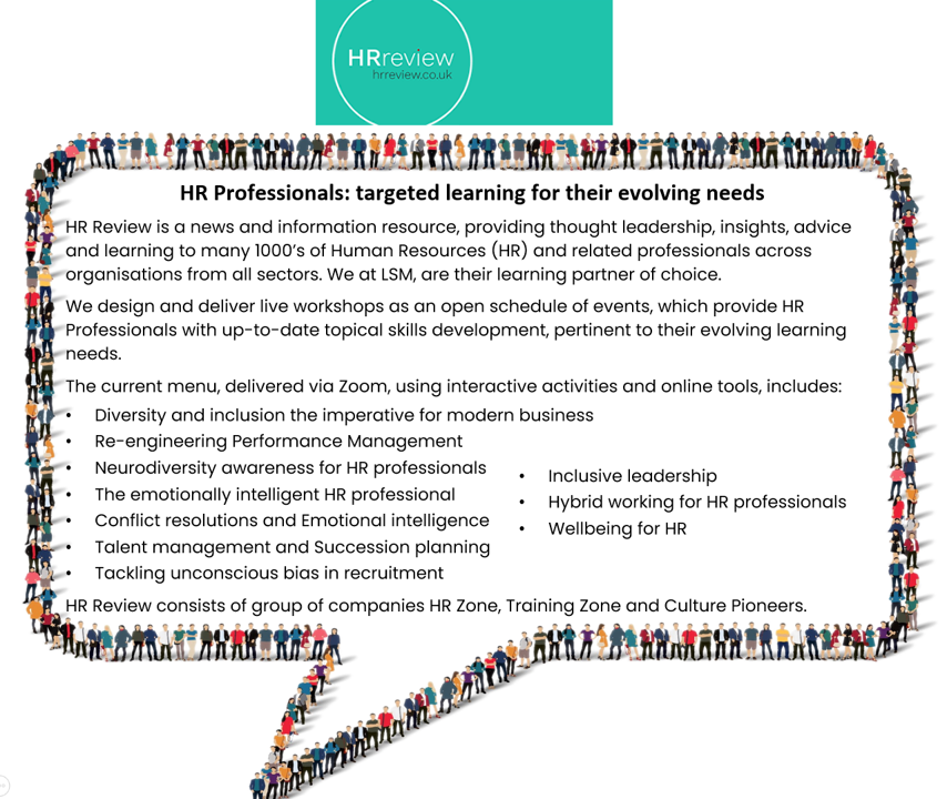 A flyer for HR Review featuring a border of diverse illustrated people surrounding text about HR professionals' targeted learning resources and online workshops.