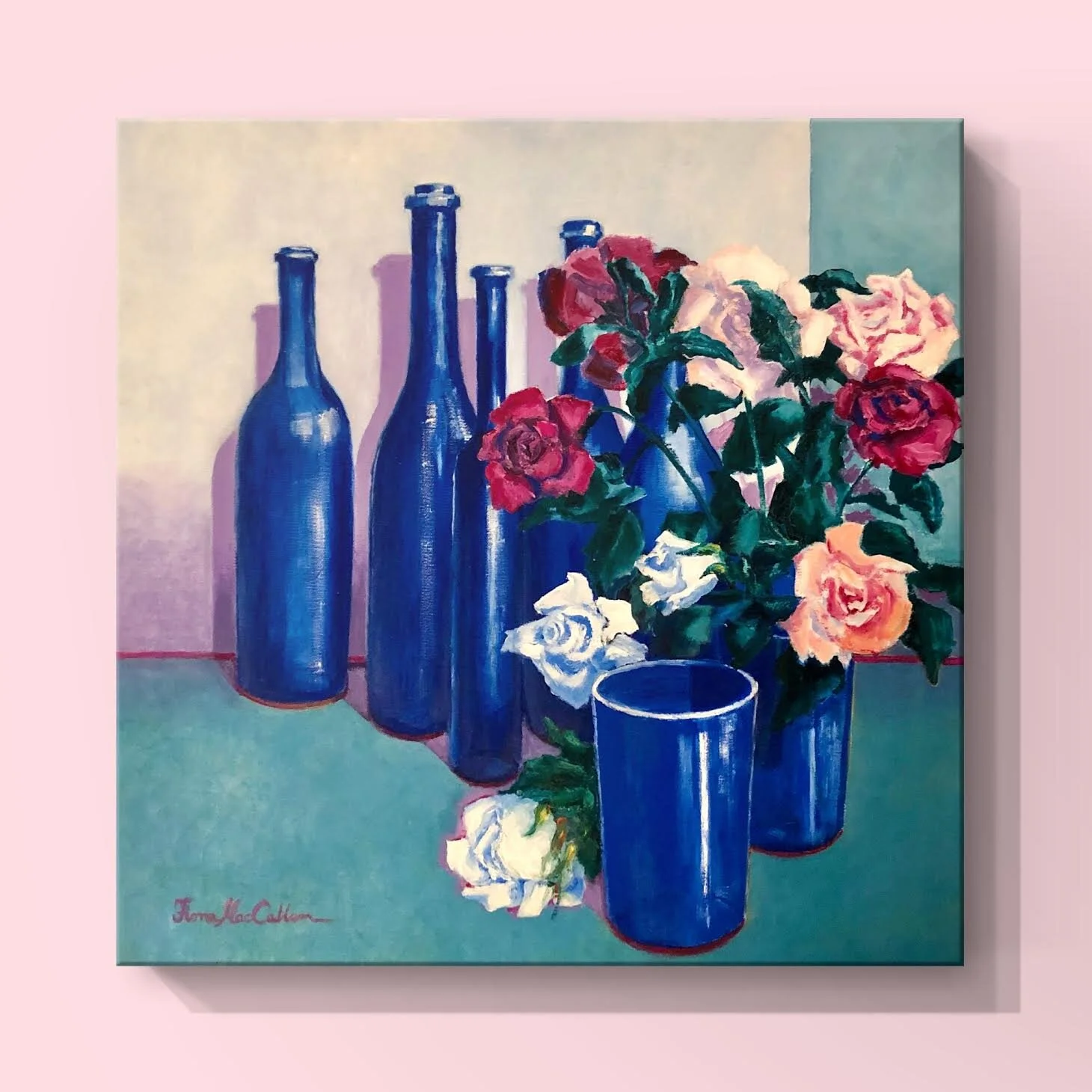 Blue Bottles and Roses (60 x 60 cm Oil)