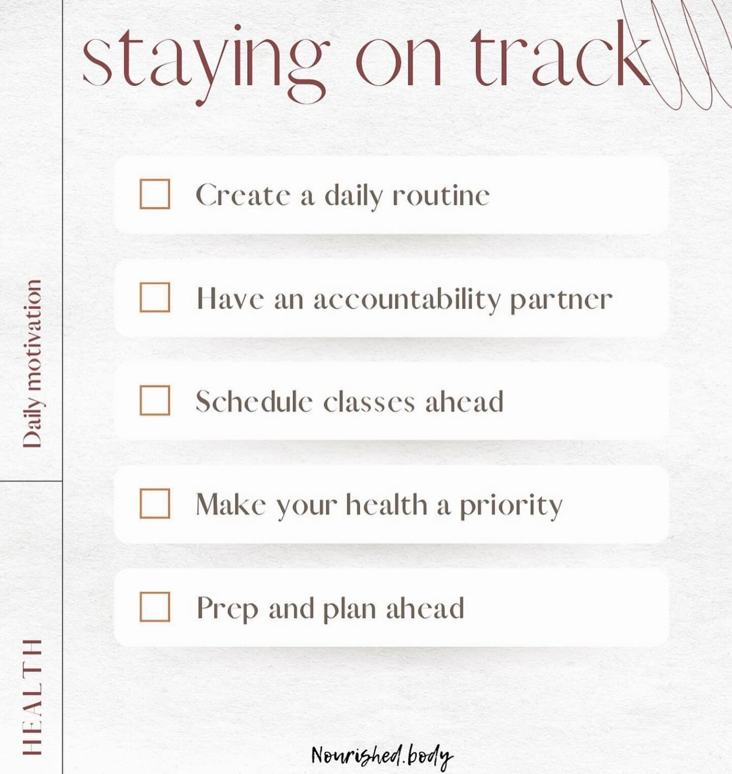 Staying on track can be tough!! Here are some tips to keep you focused!

✔️ Create a daily routine: whether it&rsquo;s waking up at 6am and working out or waking up at 8am and drinking a glass a water, forming a daily routine will help!

✔️ Have an a