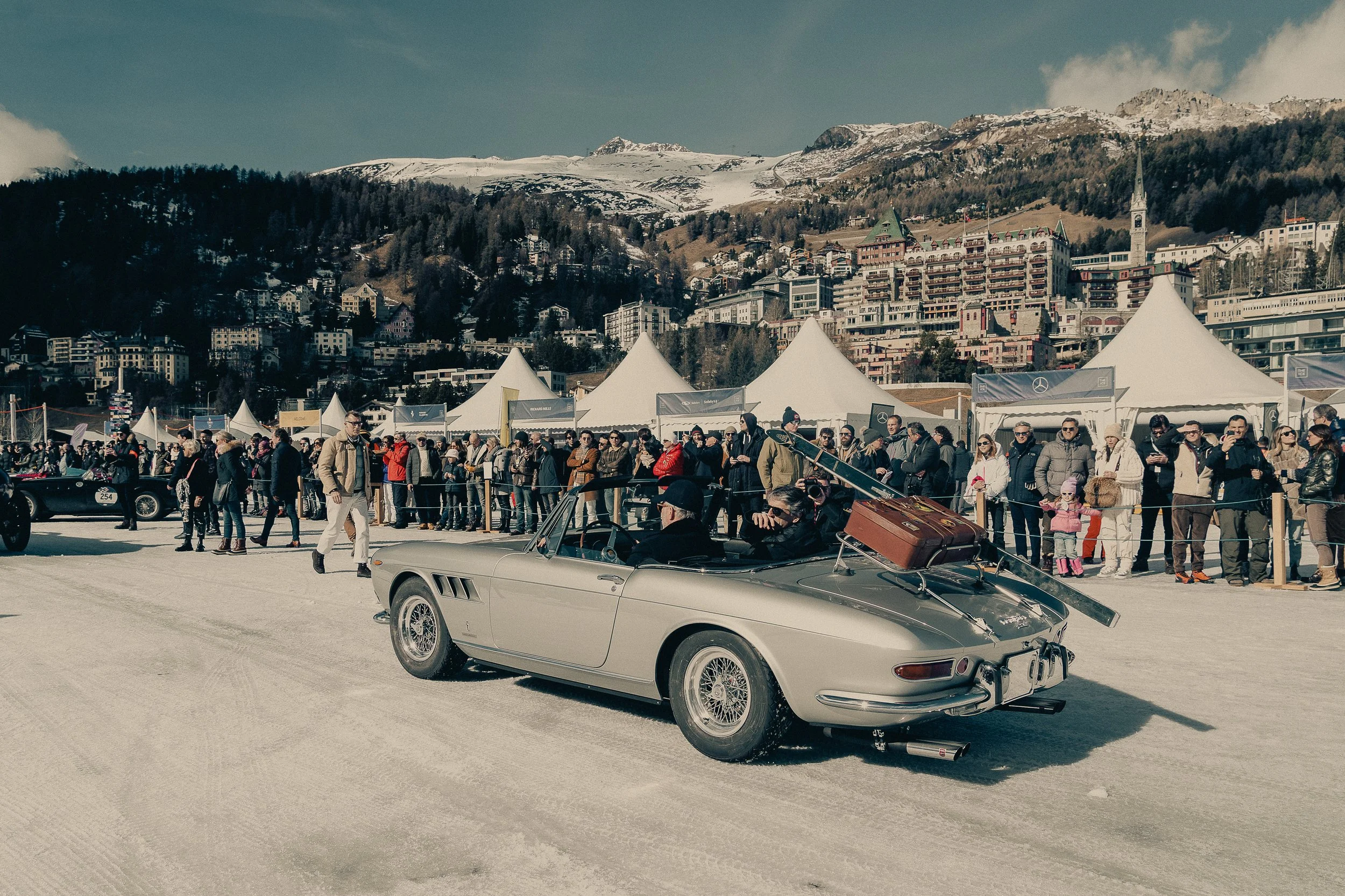 Ferrari 275GTS at ICE StMoritz 2023 Rear with Skis DSLuxury Event