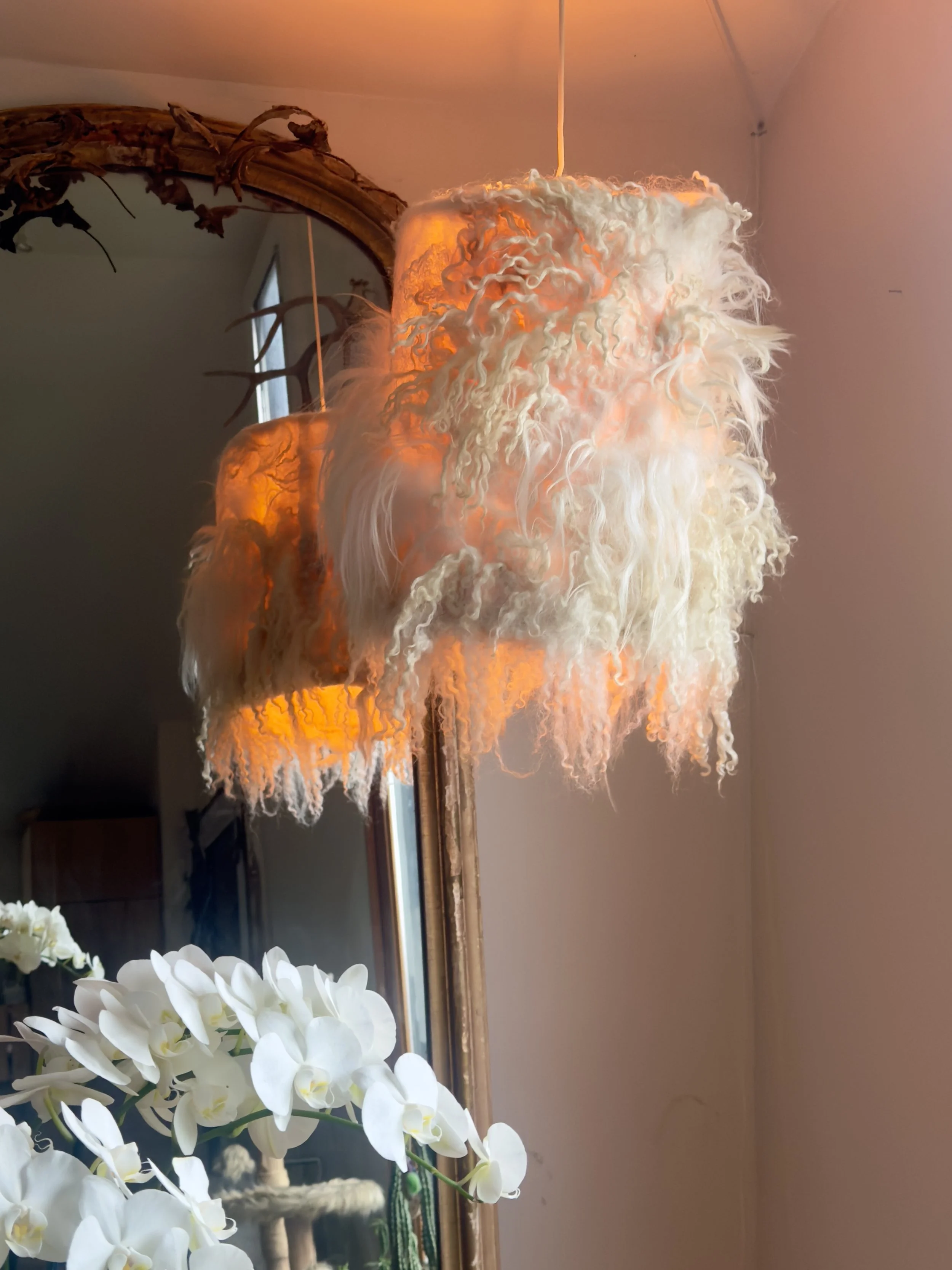 Silk with Botanical Pink Accent Handfelted Lampshade