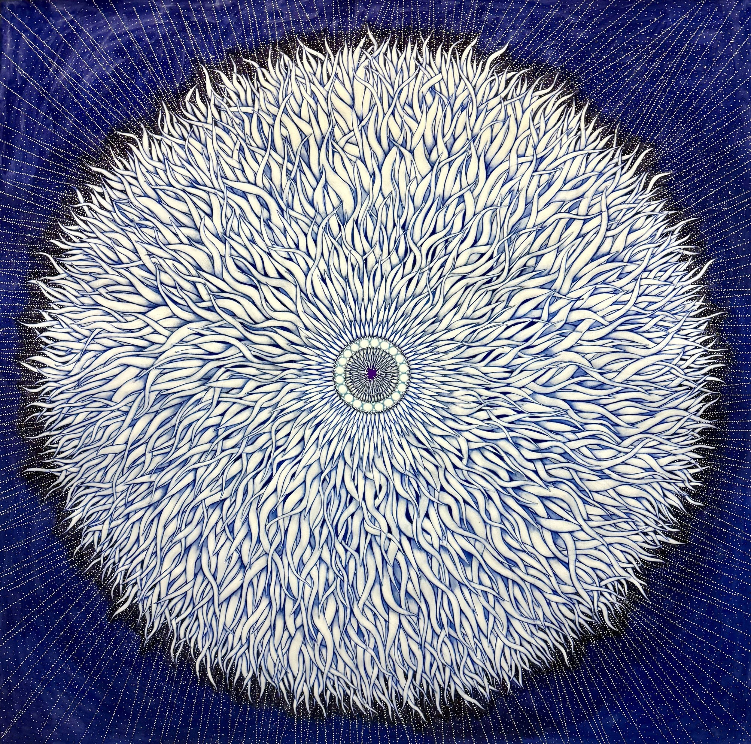 Solar Flares, Watercolor, Gouache, Acrylic, Crystals on Paper, 52”x52”, 2026