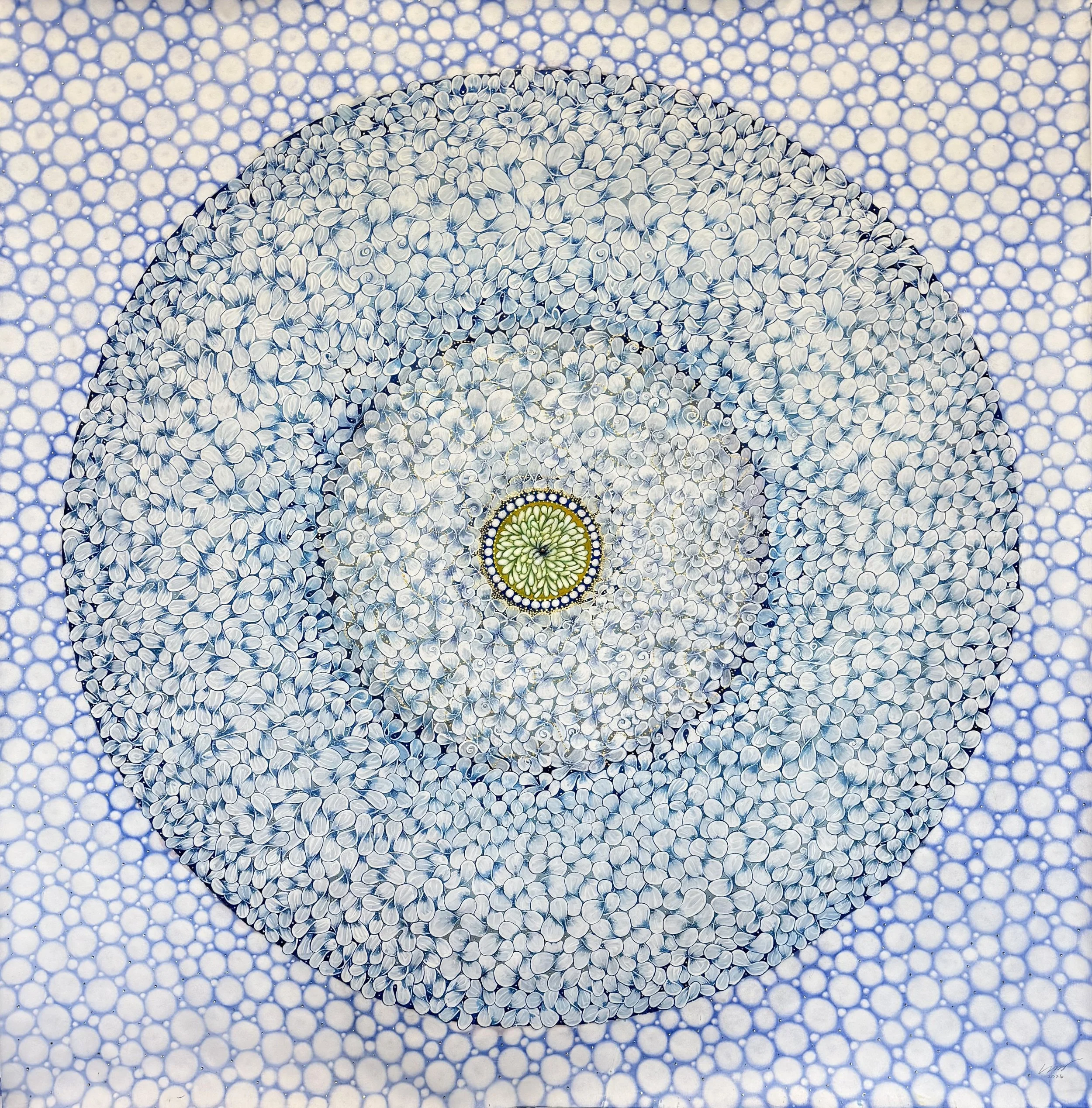 Cellular Constellation,Gouache, Acrylic, Crystals on Paper, 60”x60”, 2026