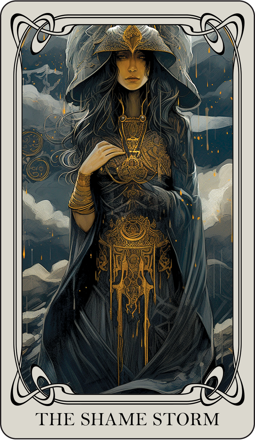 The Shame Storm: Shame can create a storm of negative thoughts, feelings, and behaviors, engulfing our daily lives. When people recognize they're caught in this storm, this card can serve as a reminder to find ways to seek shelter in self-compassion 