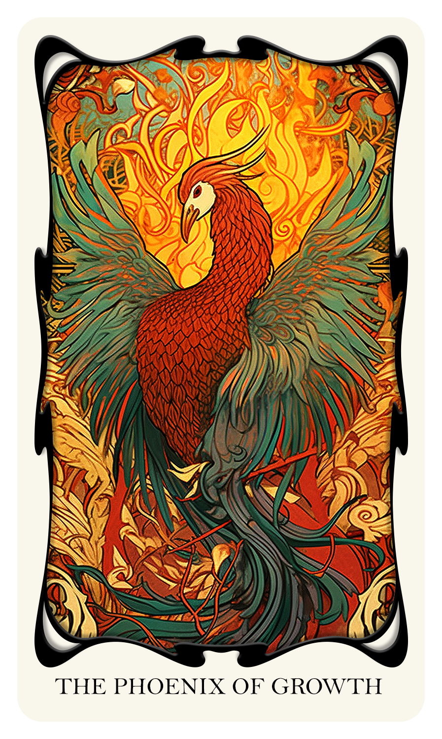 The Phoenix of Growth: This card signifies your journey towards post-traumatic growth. It prompts you to imagine and describe your transformation, rising from the ashes of past trials and learning to fly anew.