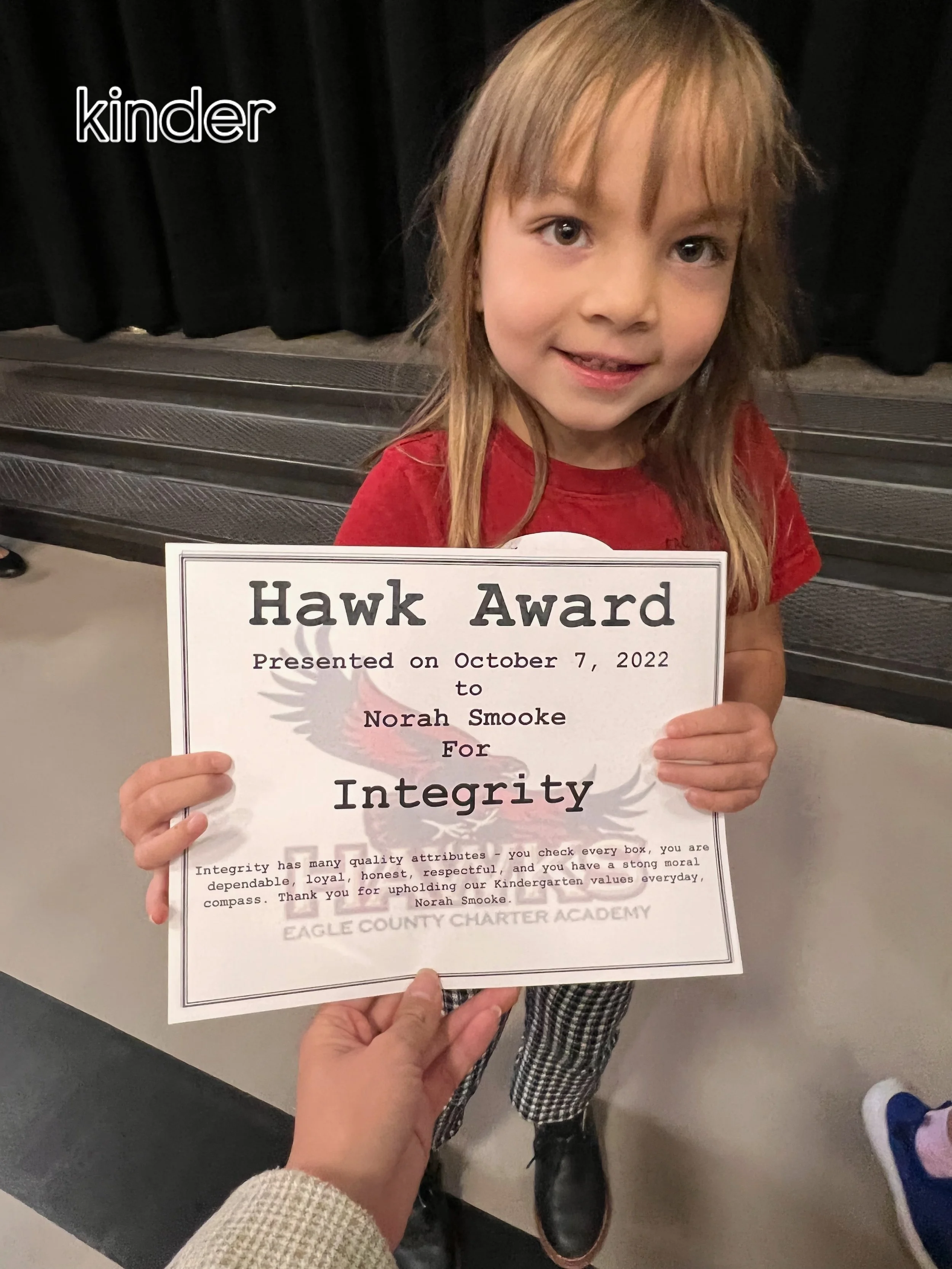 Every year, norah school gave out a couple of awards of their 6 Hawk Traits that they value in students (Leadership, Integrity, Camaraderie, Respect, Work, and Growth) in a quarterly ceremony called Hawk Honors. Norah&rsquo;s been getting 2 every yea