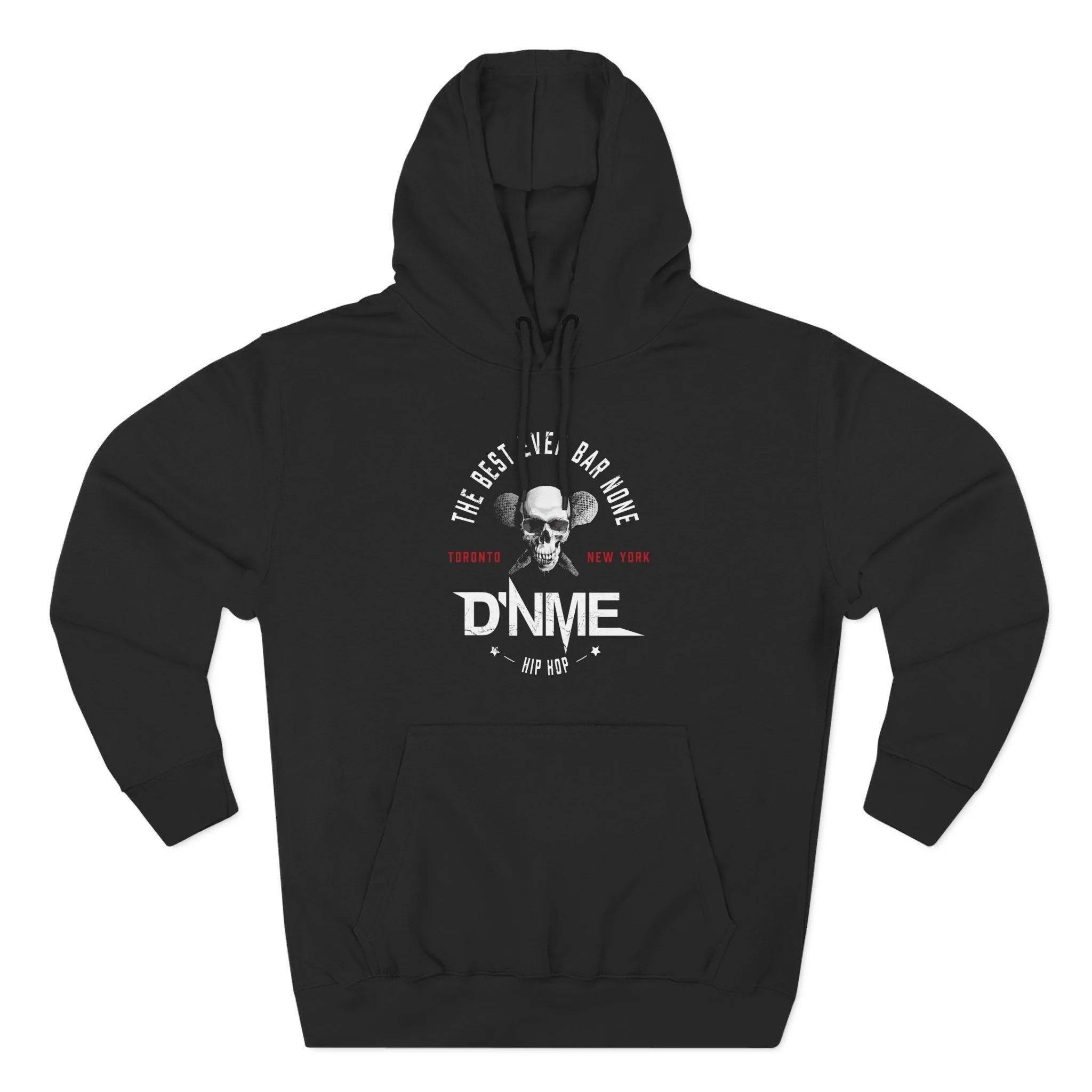 Black hoodie with graphic design featuring a skull with mouse ears, text reading 'The Best Never Bar None,' 'Toronto,' 'New York,' and 'Hip Hop' on a white background.
