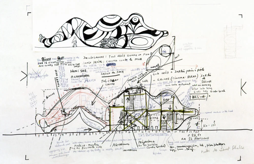 Skiss av&nbsp;Hon – en katedral, 1966 © Niki de Saint Phalle, Jean Tinguely, Per Olof Ultvedt  ©&nbsp;Moderna Museet