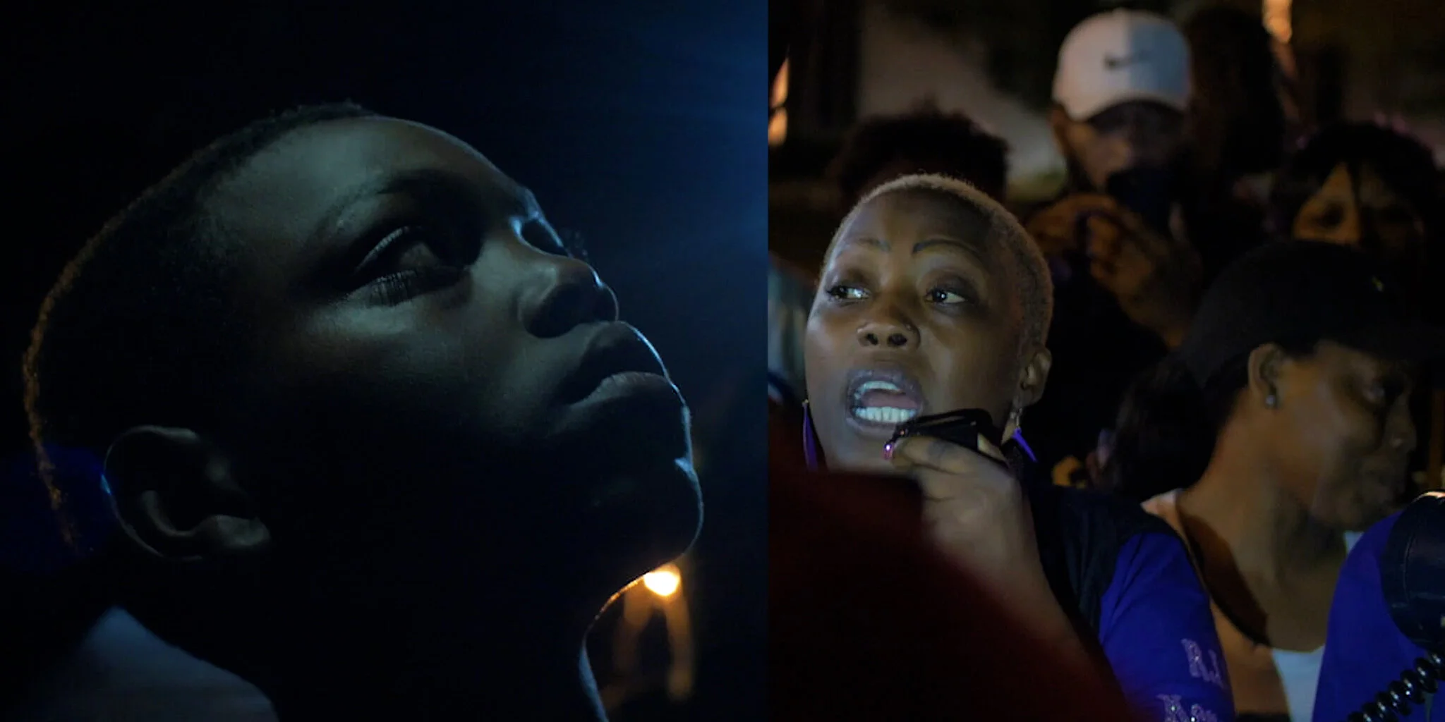 A split-screen photo showing a young woman with a shaved head and dark makeup on the left, and a group of women, some with shaved heads, talking or listening at night on the right.
