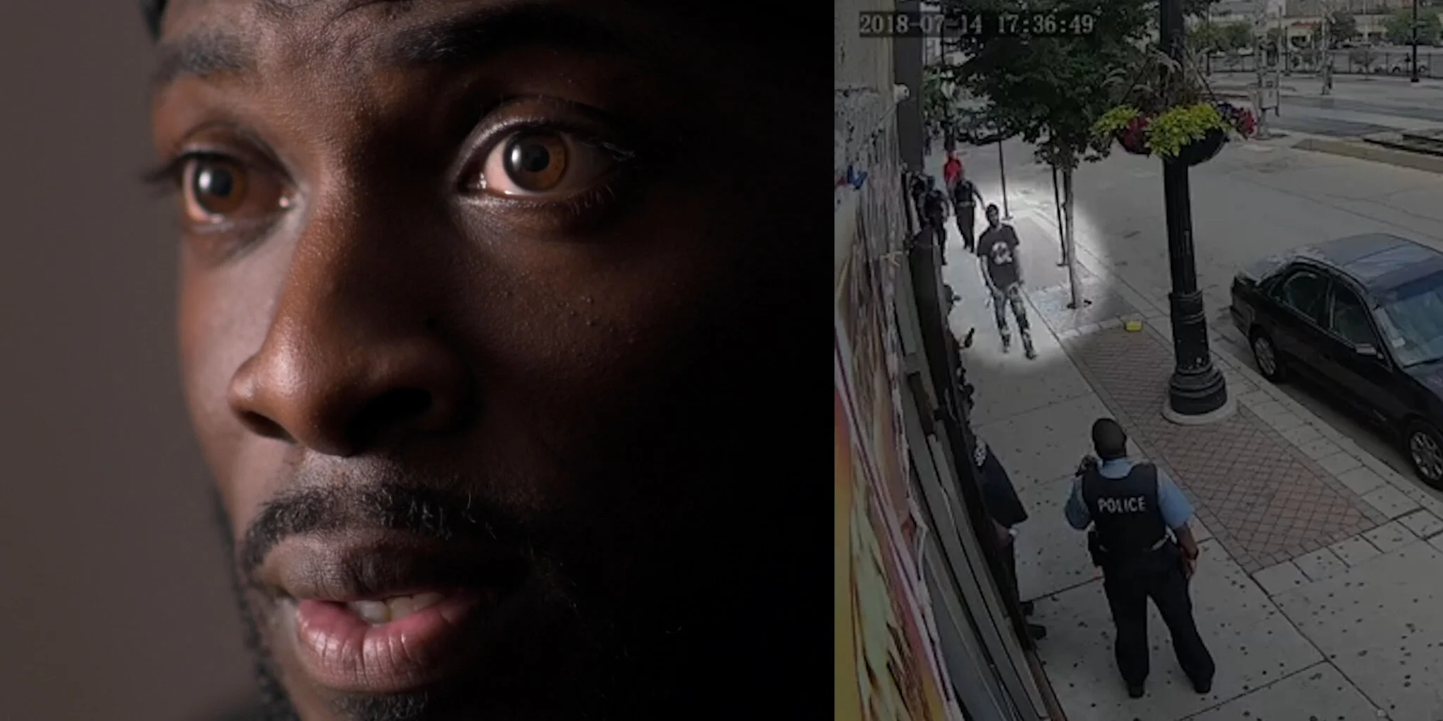 Close-up of an African American man with brown eyes and a mustache, looking to the side, with a street scene in a different part of the image showing police officers and pedestrians walking on the sidewalk.