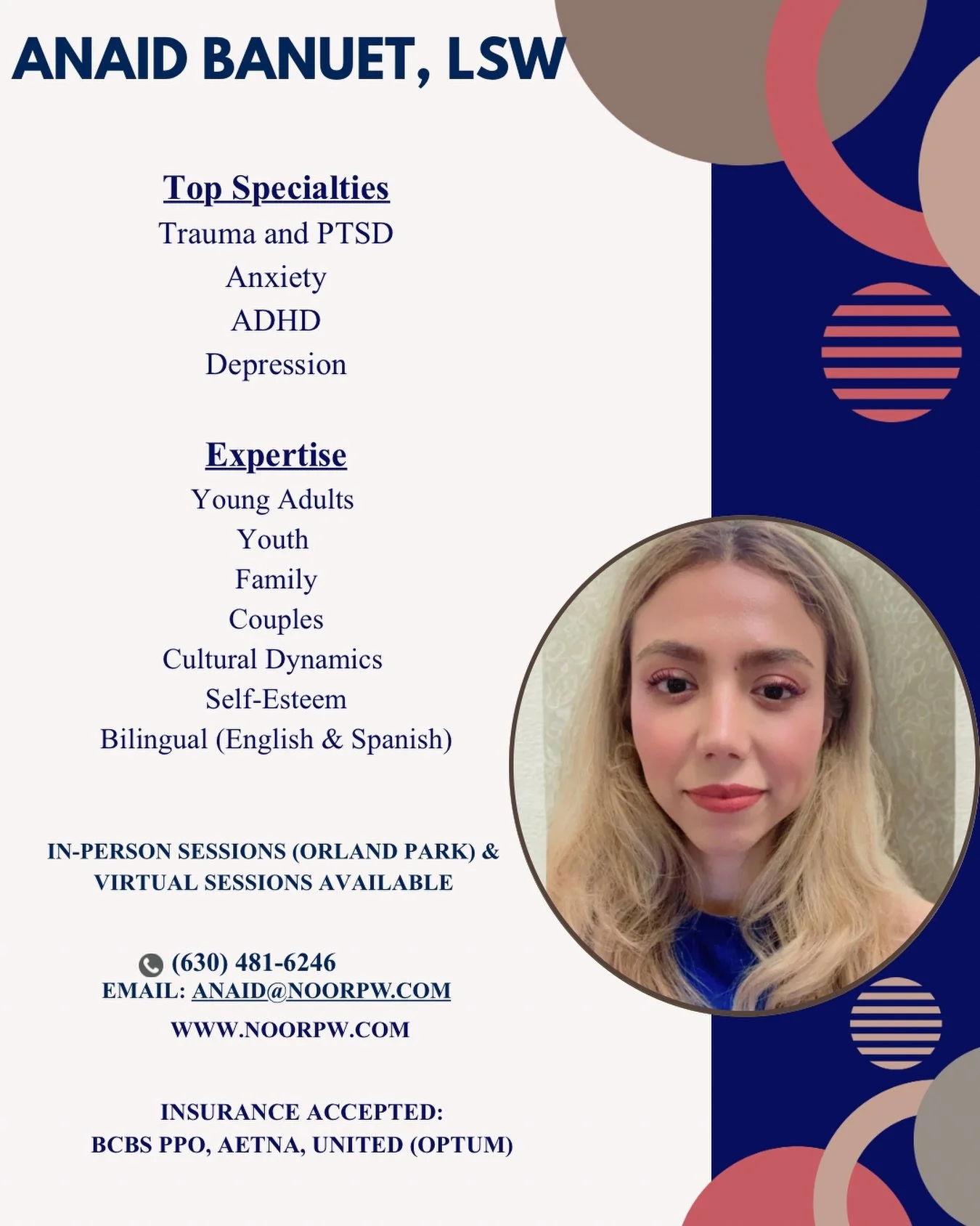 Meet Anaid Banuet, LSW 💙
Anaid provides therapy for trauma &amp; PTSD, anxiety, ADHD, and depression, with a special focus on youth, young adults, families, and cultural dynamics.

✨ Bilingual therapist &ndash; English &amp; Spanish
📍 In-person (Or
