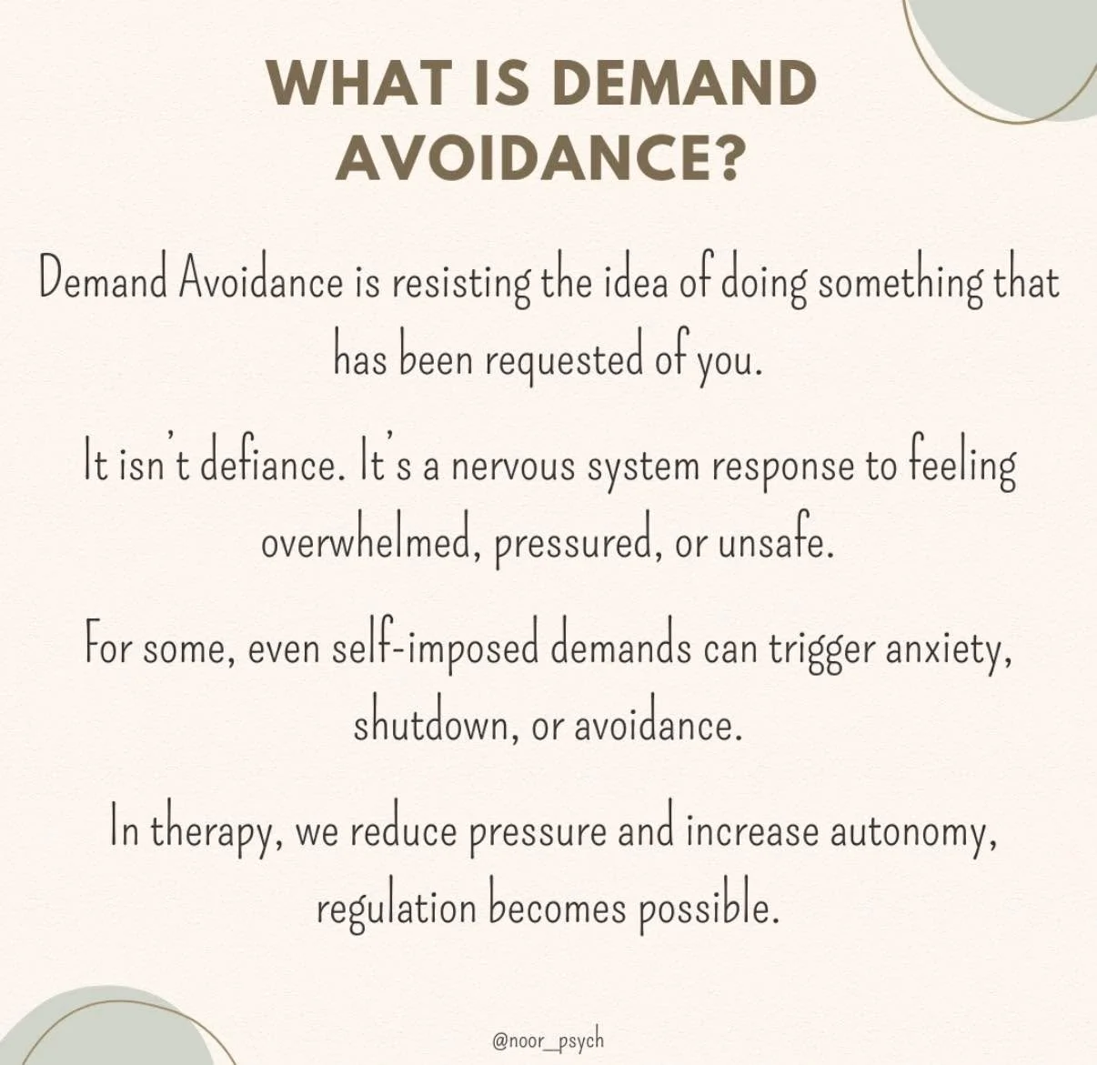Demand avoidance isn&rsquo;t laziness or defiance. It&rsquo;s what happens when the nervous system feels pushed past its capacity. Even simple requests can feel like too much when pressure = threat. #demandavoidance #demandavoidant #therapy