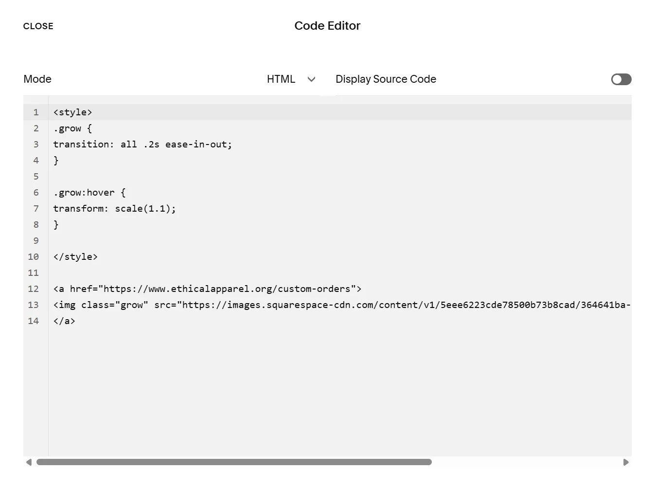 Screenshot of a code editor displaying CSS and HTML code for scaling an image on hover.