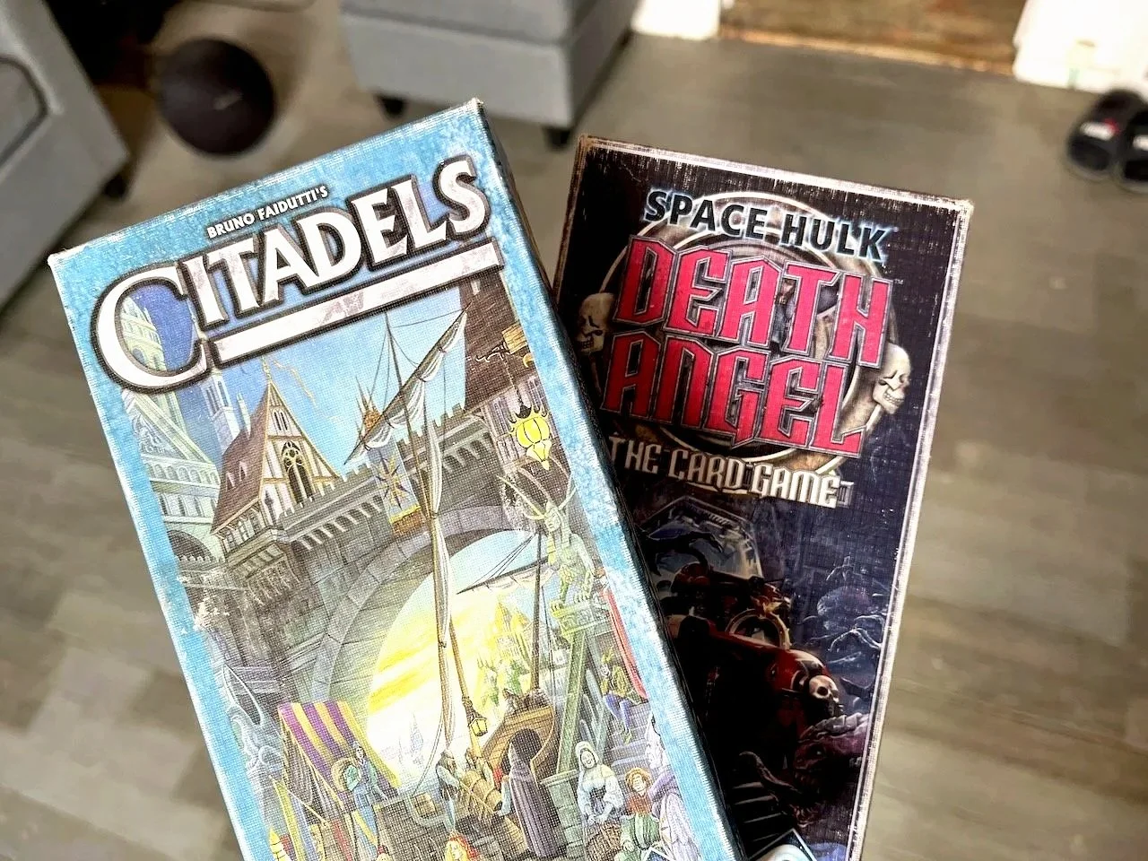 Pictures of small-box games from Fantasy Flight's Silver Line: Citadels and Space Hulk: Death Angel