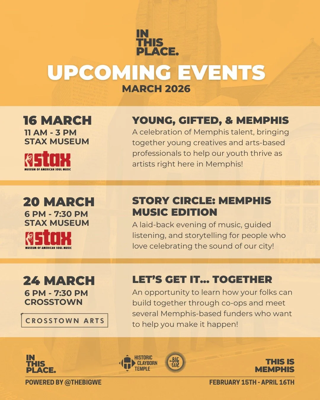 Our March #InThisPlace events get started next week🥳

🎤👯 Our first week of events is all about the music, with our host, @staxmuseum! March 16th is Young, Gifted, &amp; Memphis, an afternoon celebrating young talent and connecting them with resour