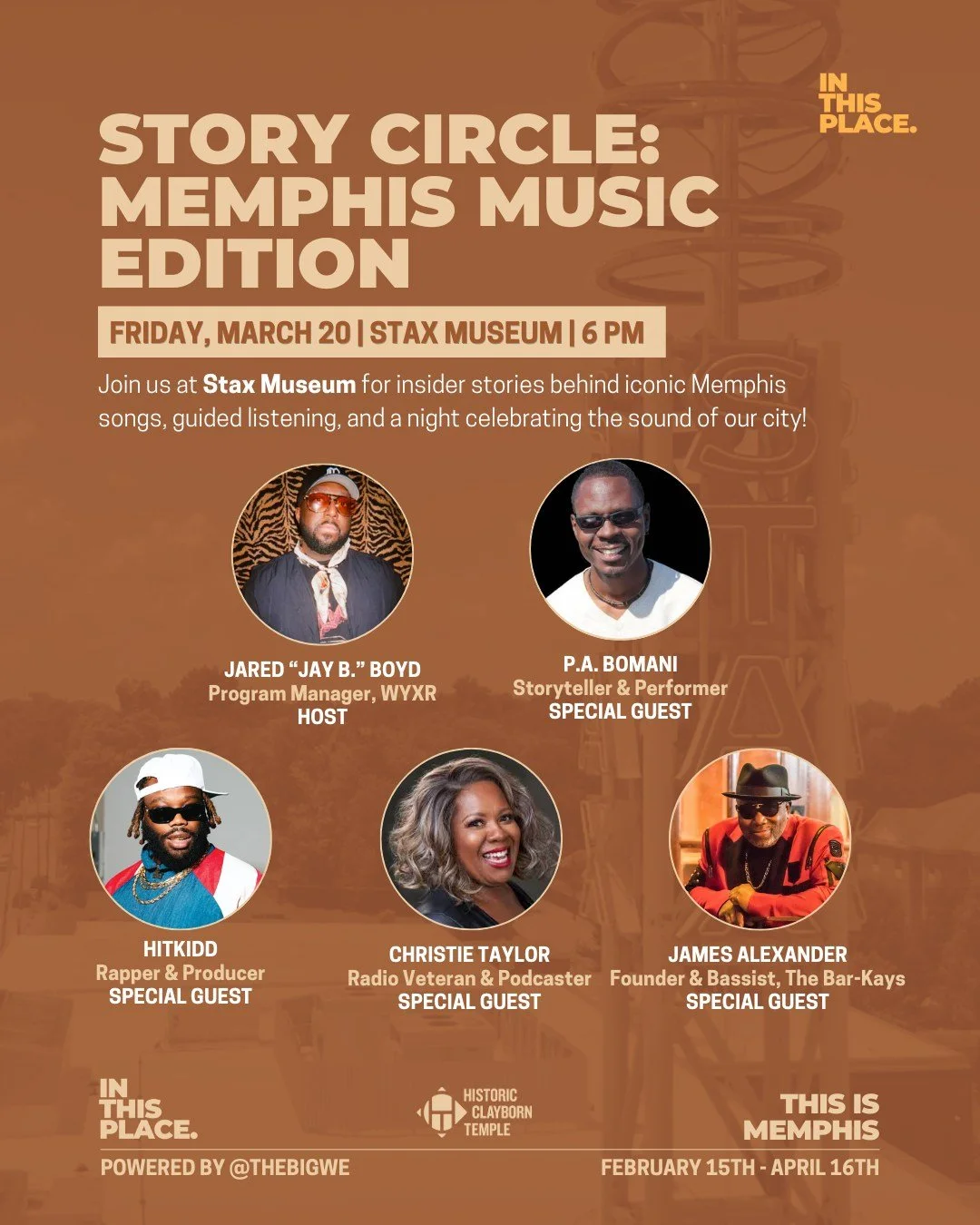 Who's joining us at @staxmuseum THIS FRIDAY?👀

Come on over after work- Doors open at 5:30! This night is all about music and sharing stories about the Memphis sounds that we love. From Memphis artists and producers sharing how some of the most icon