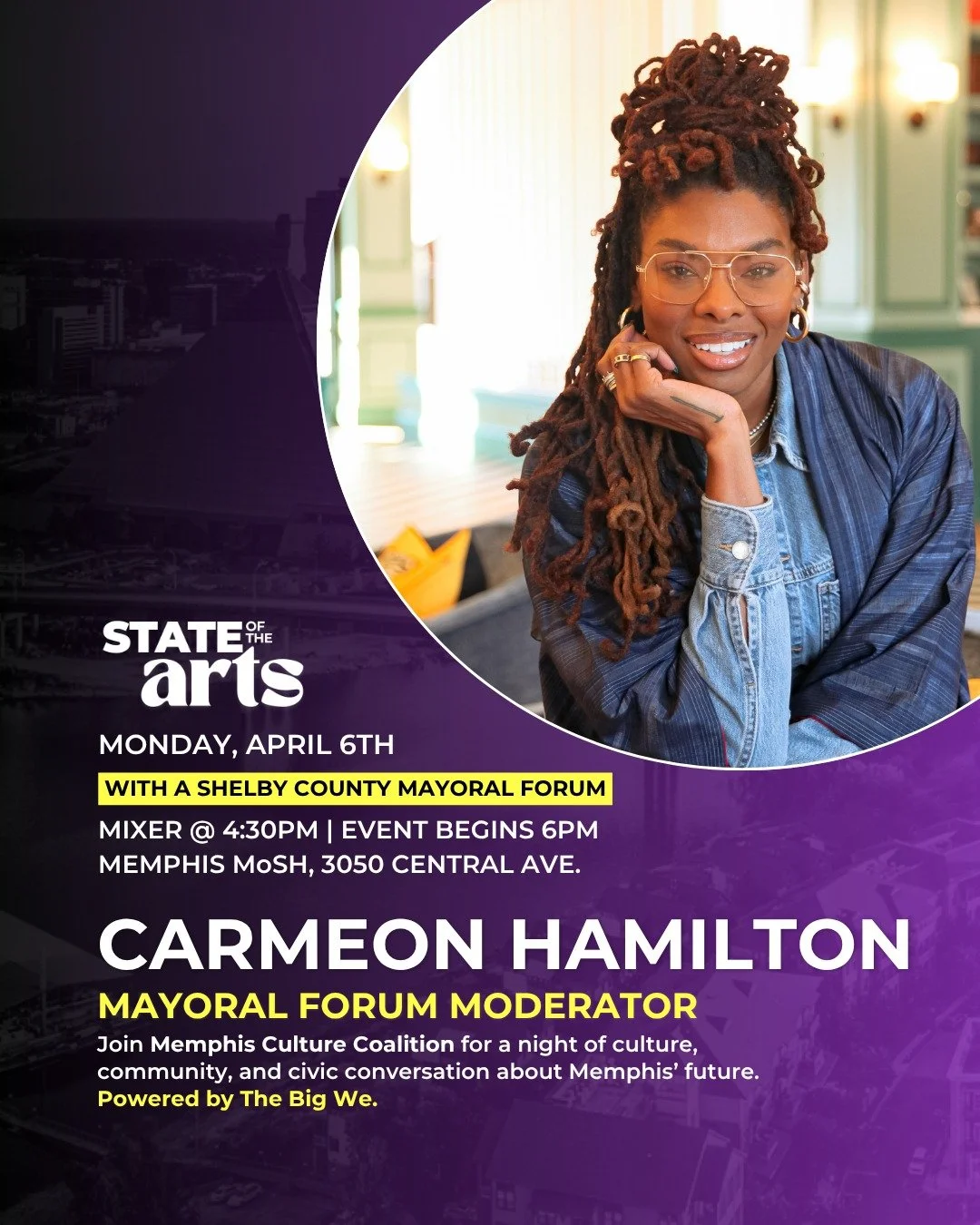 Have you saved your spot for State of the Arts yet?👀 April 6th is a BIG day for Memphis creatives, and who else but @carmeonhamilton to help us moderate these important conversations for the future of our city? 

Join us at @memphismuseums for State