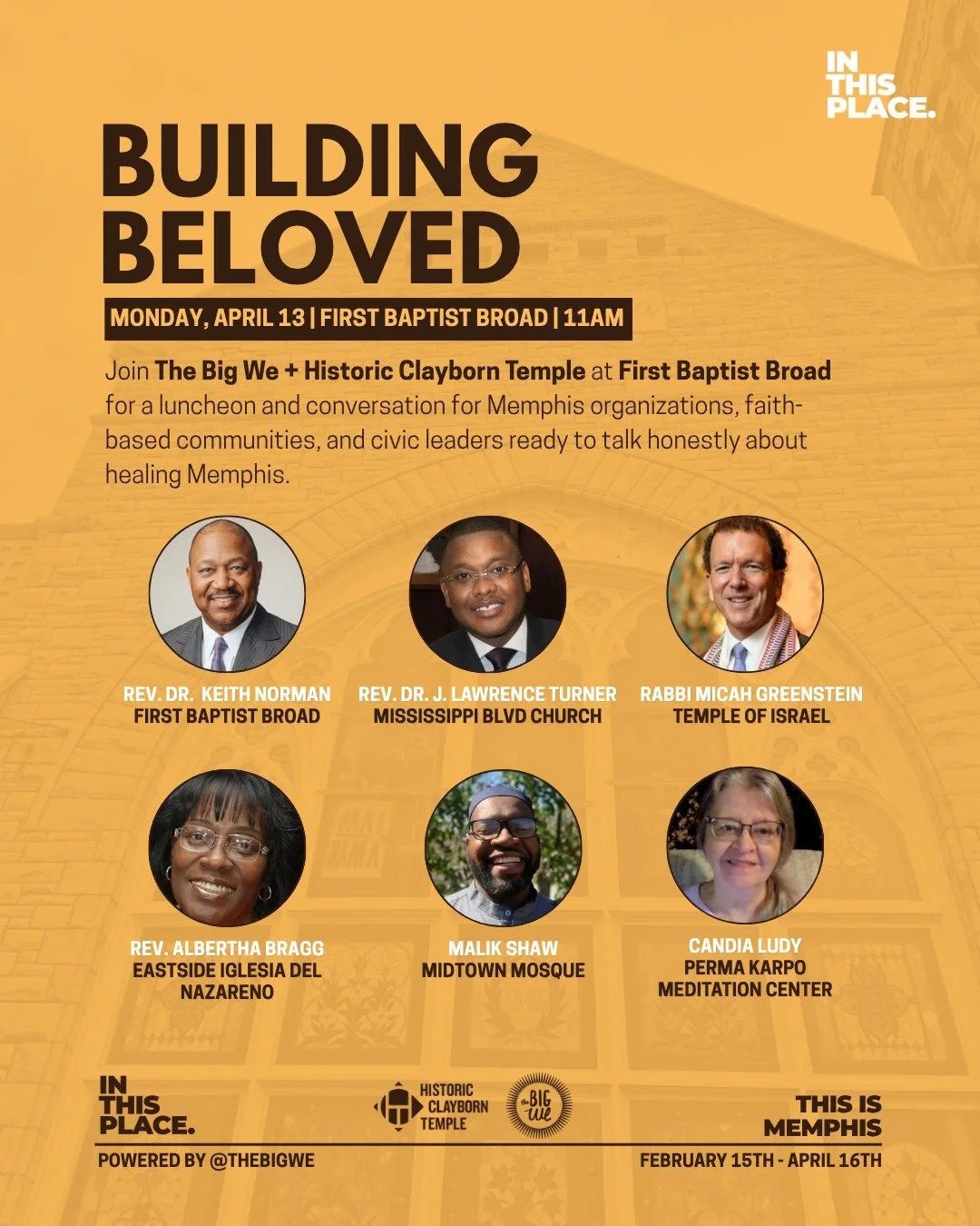 Memphis said that we need a conversation about healing, so join us for lunch and let's make it happen🤲🏼

On Monday, April 13th, we are gathering at First Baptist Broad for Building Beloved, a luncheon and facilitated conversation for Memphis organi