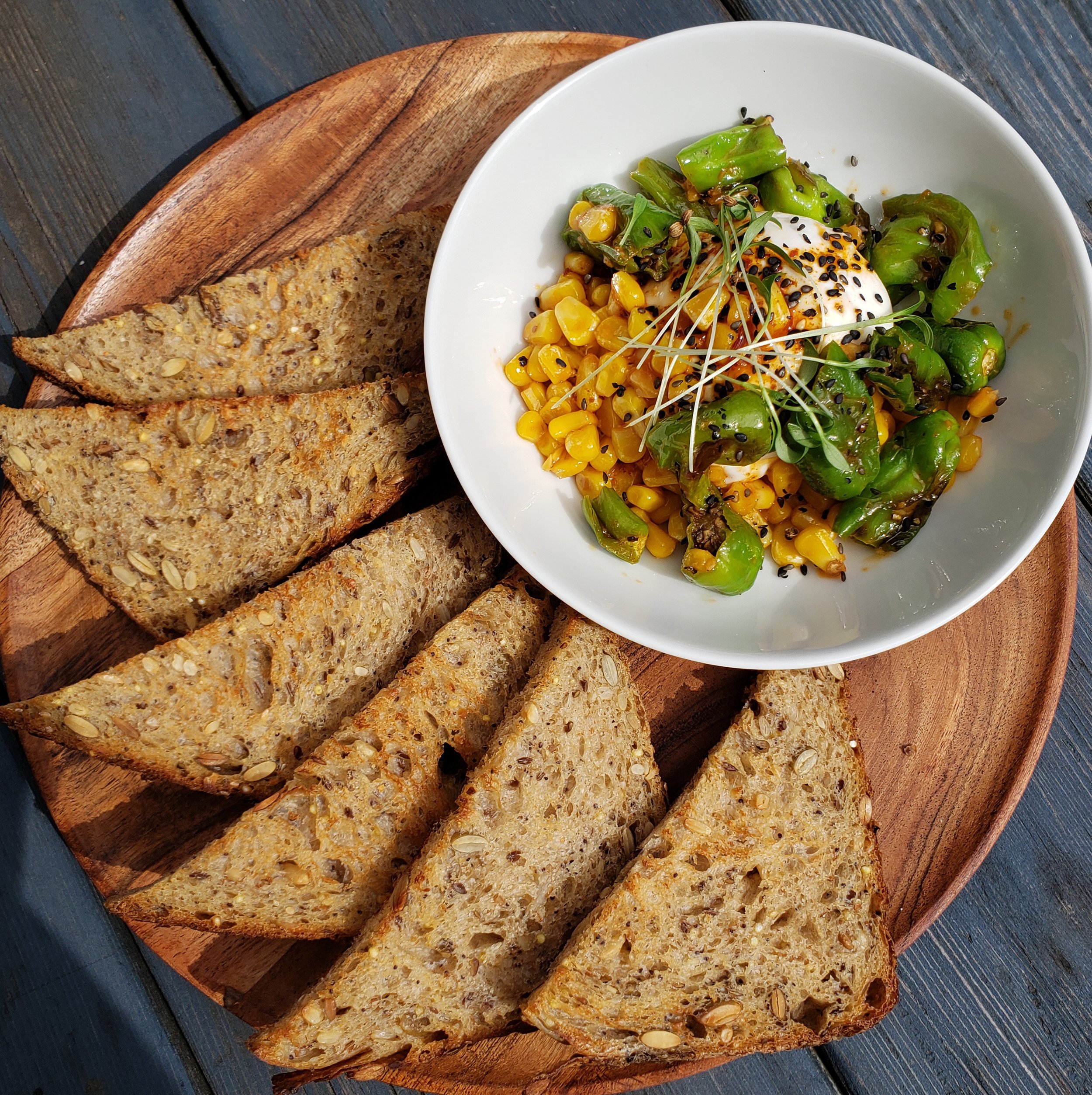 Burrata, Corn + Shishitos with Chili Crisp