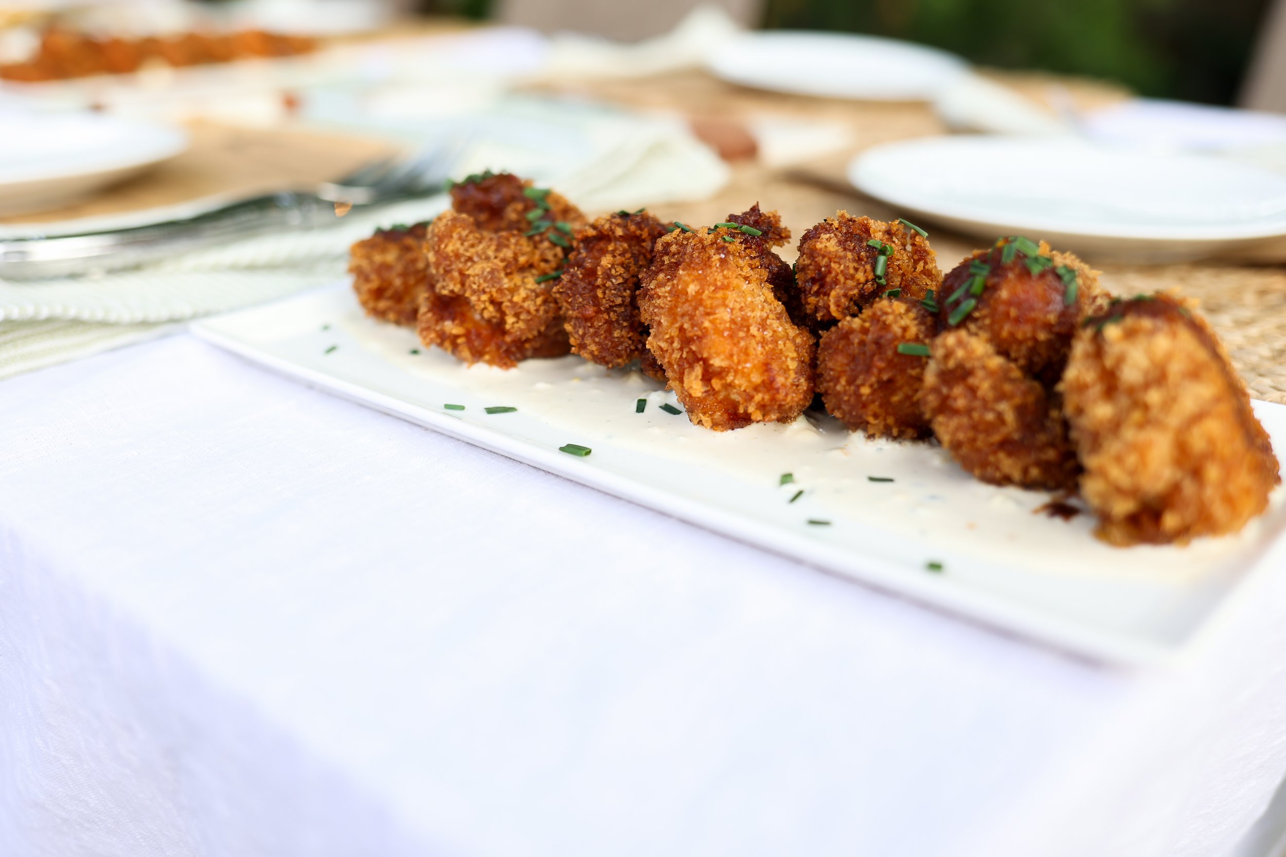 Buffalo BBQ Shrimp, Smoky Blue Cheese Dressing + Chives