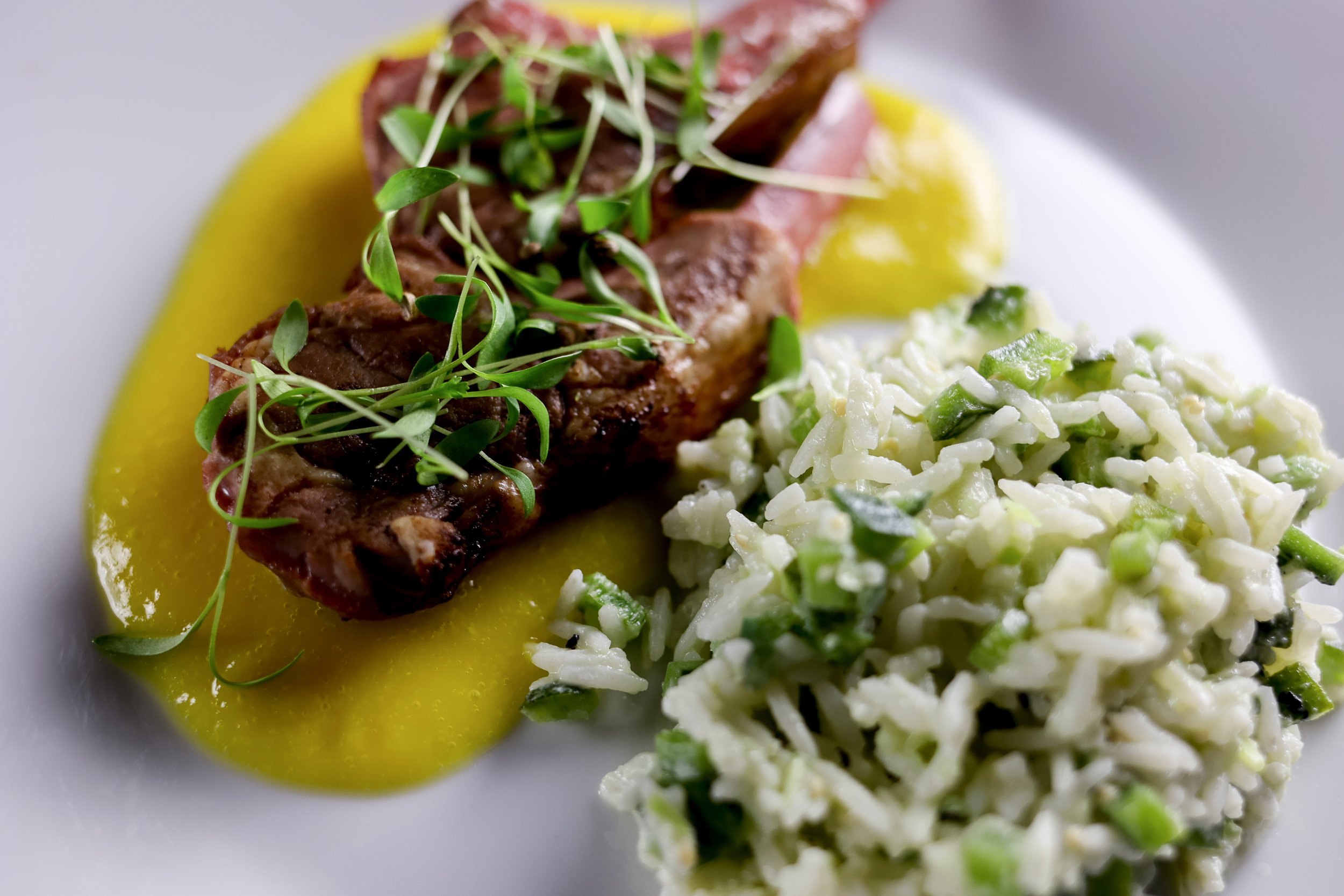Lamb Chops, Yellow Pepper Mole + Creamy Poblano Rice
