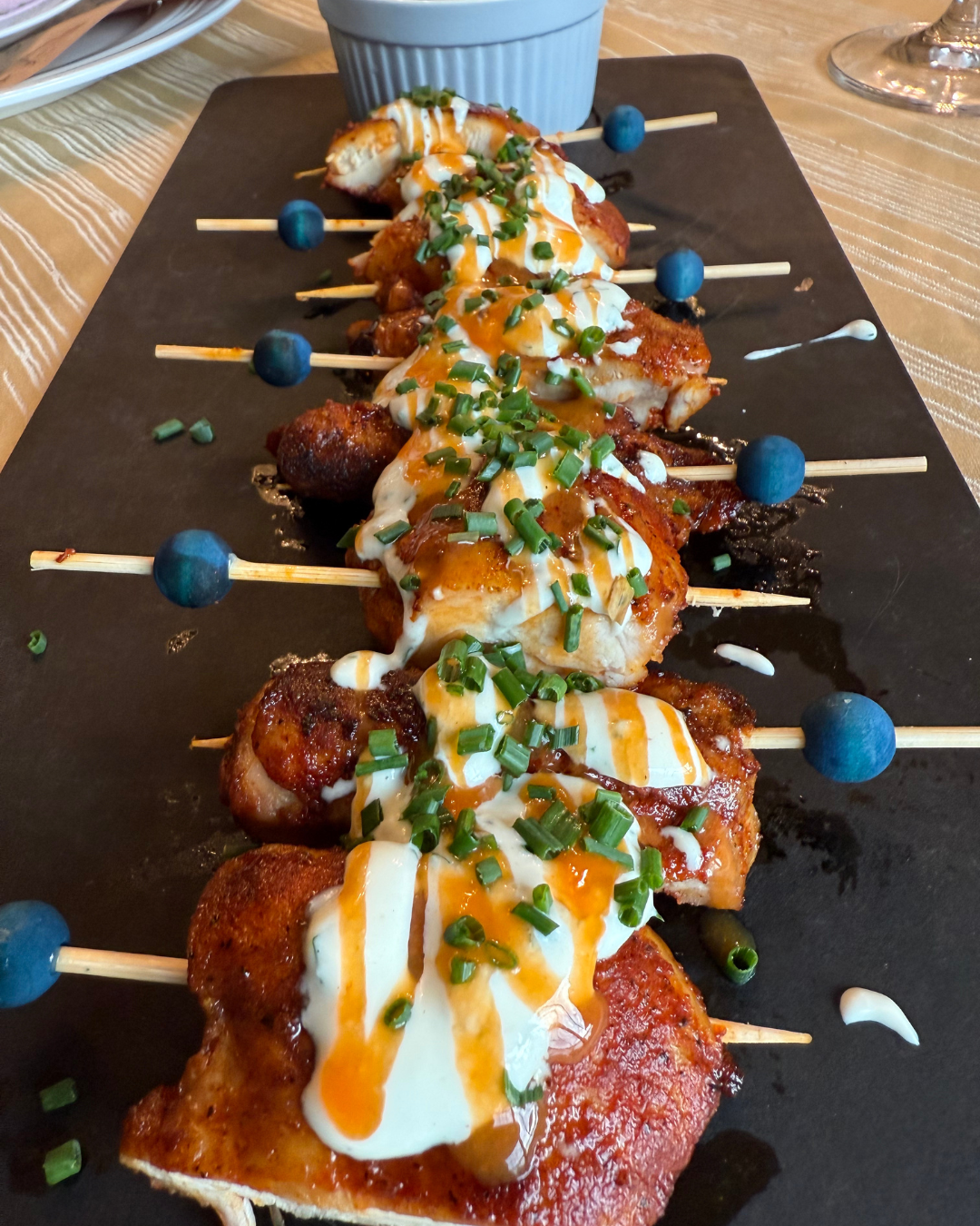 Chicken Skewers with Gorgonzola Ranch + Carrot Hot Sauce