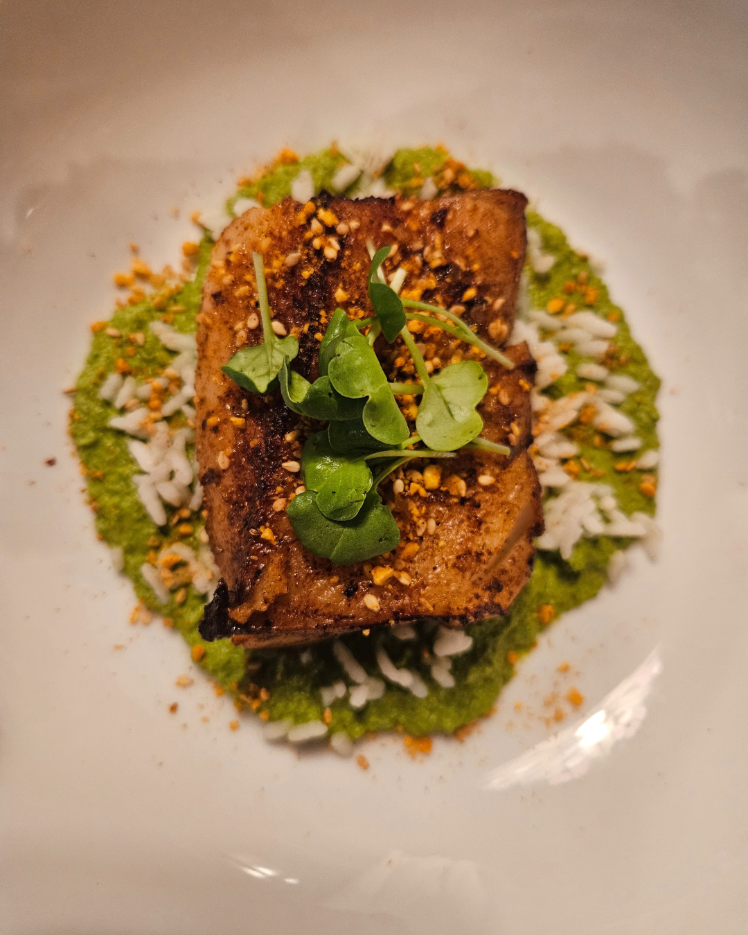 Whitefish with Green Romesco & Cajun Dukkah