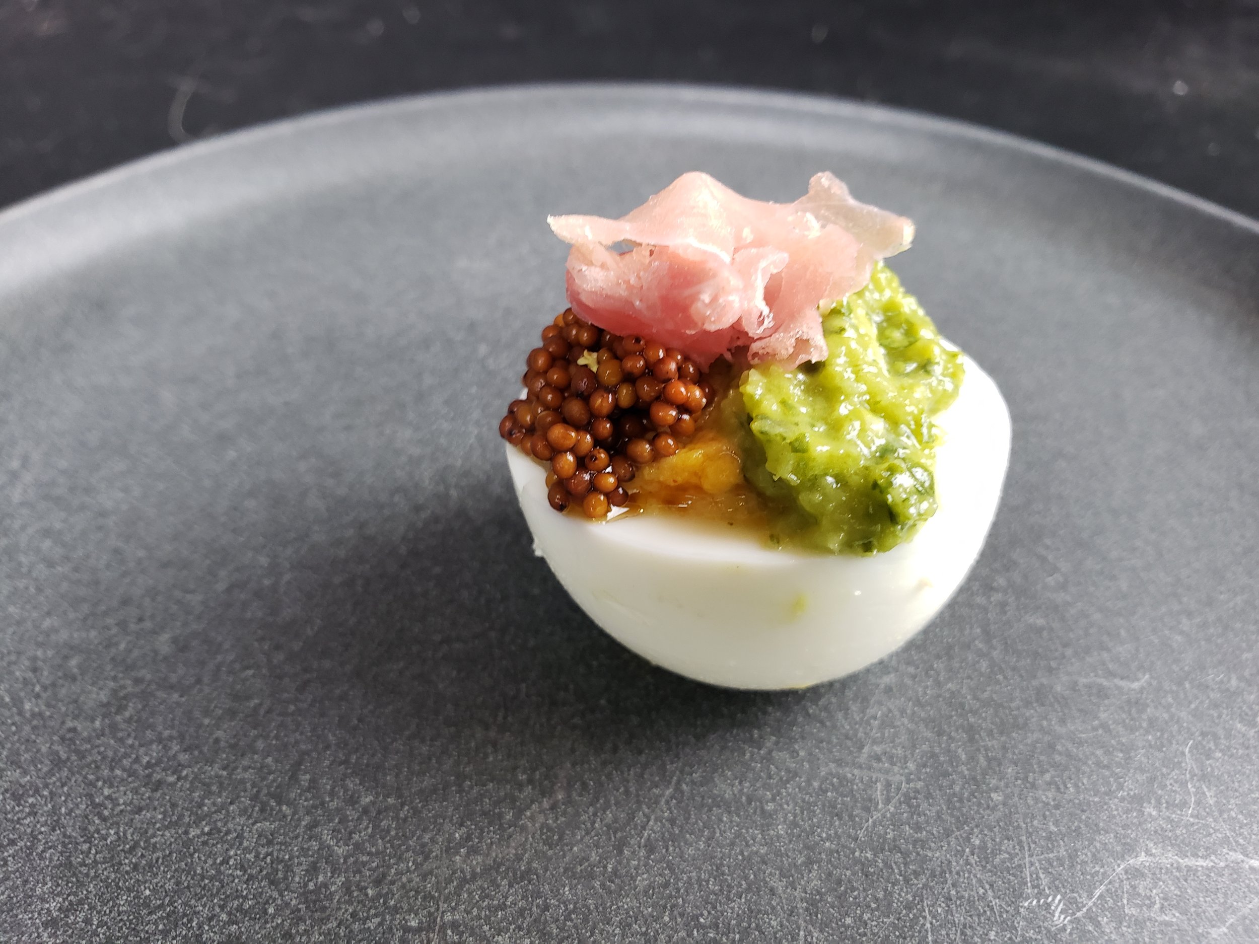 Deviled "Green" Eggs and ham with pickled mustard seeds