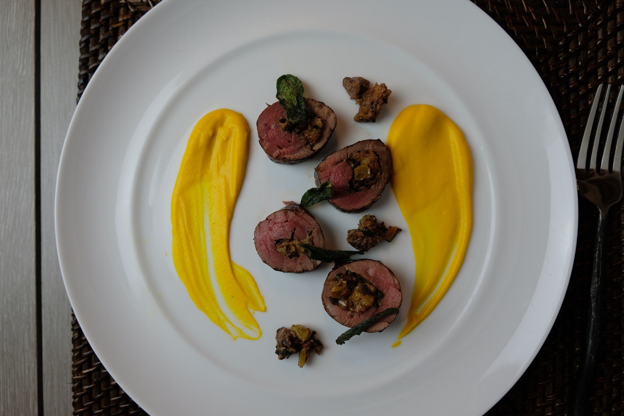 Venison with Brioche Stuffing and Sage Chips