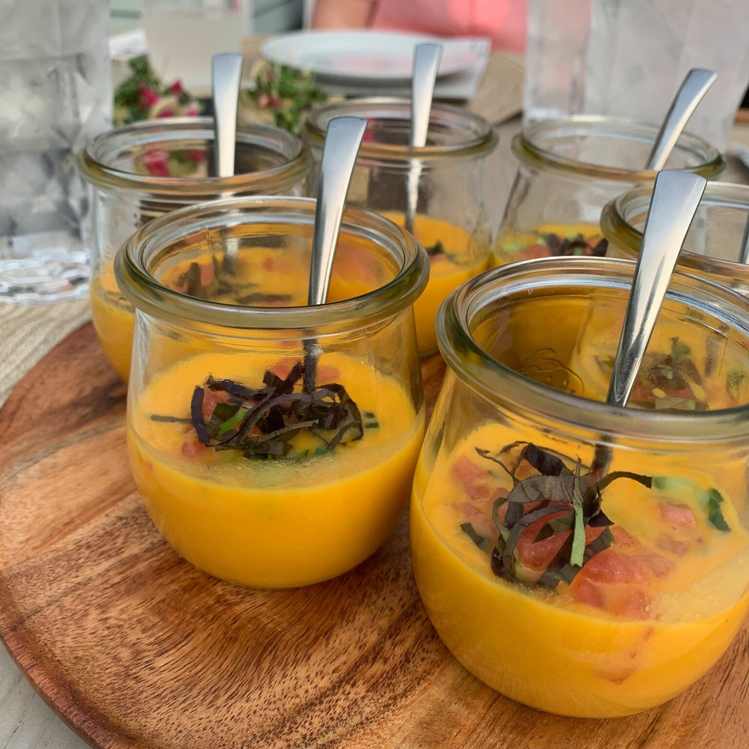 Sun Gold Gazpacho with cucumber, watermelon, and basil