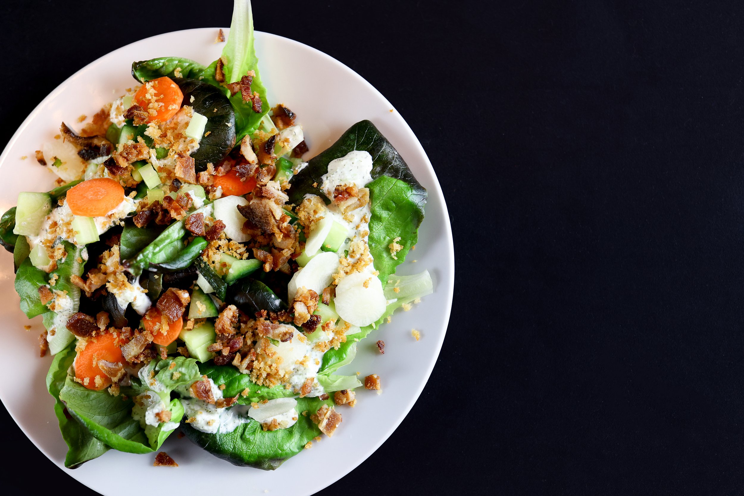 Benedictine Greens- Cucumber Ranch Dressing, Benton's Bacon +Toasted Bread Crumbs