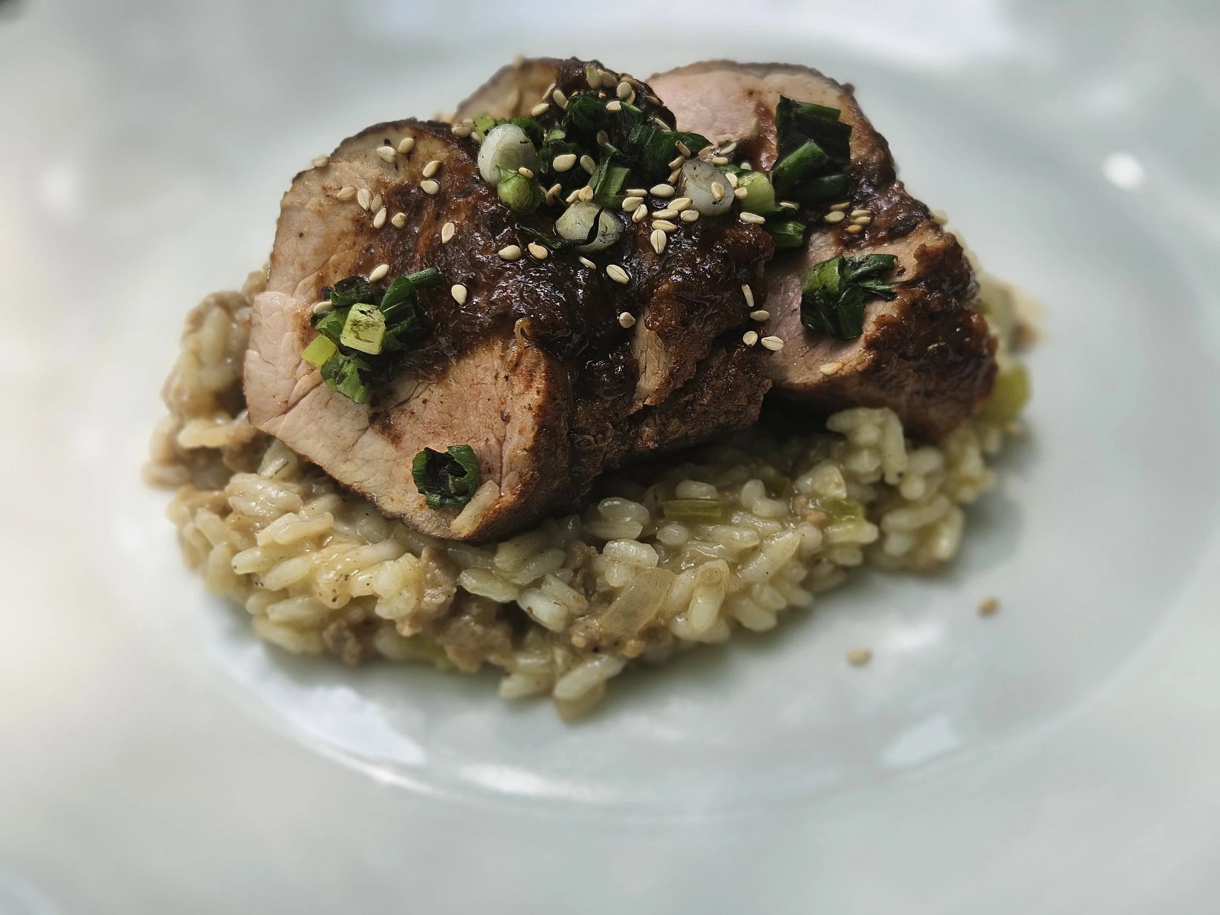 Pork Medallions with Burnt Scallion BBQ Sauce + Dirty Rice