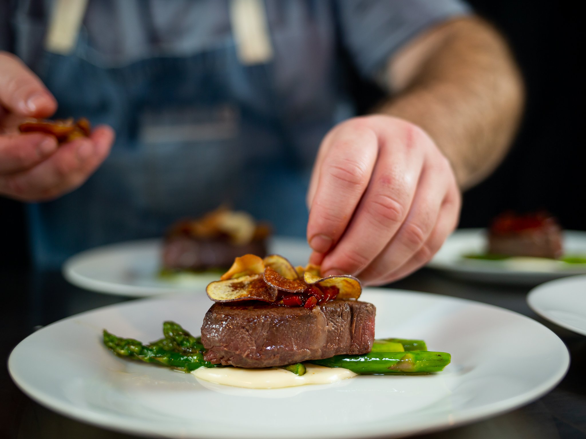 Filet of Beef, Taleggio Sauce, Red Pepper Jam, + Root Veggie Chips