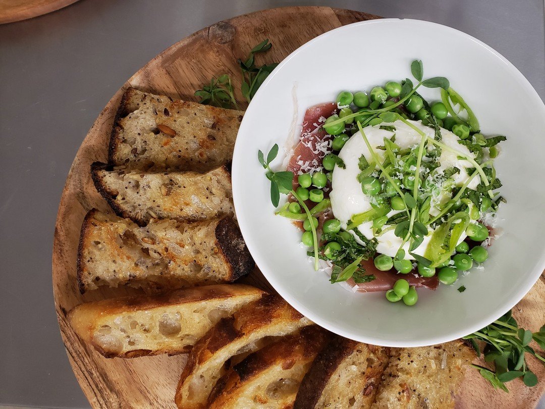 Burrata with Pea Medley with mint and country ham with toasts