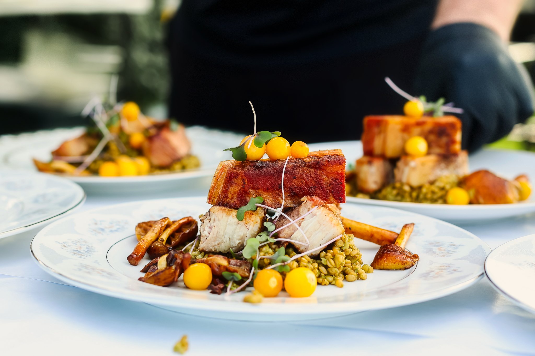 Pork Belly with Herbed Farro, Roasted Mushrooms + Pickled Gooseberries
