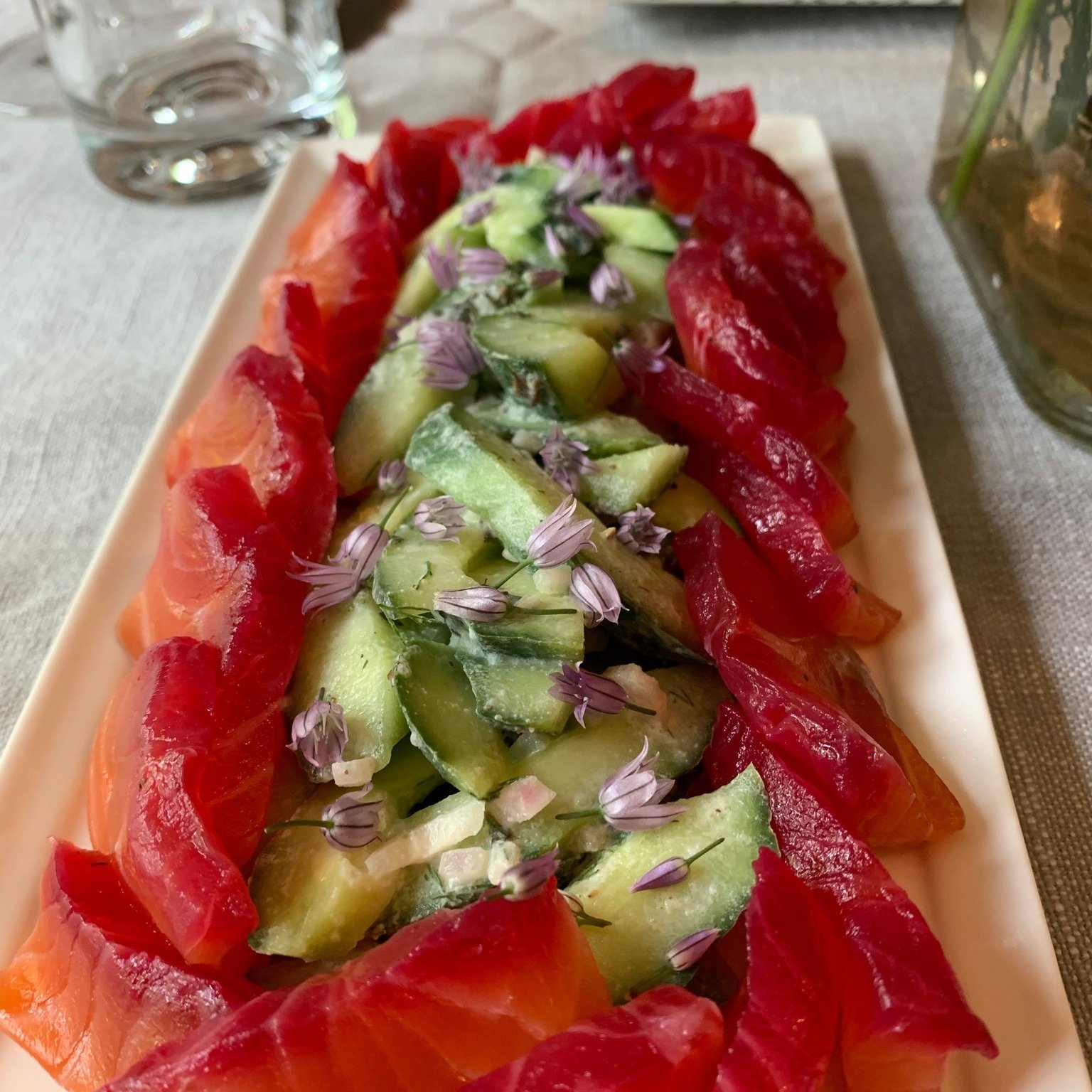 Beet Cured Salmon with Cucumber Salad
