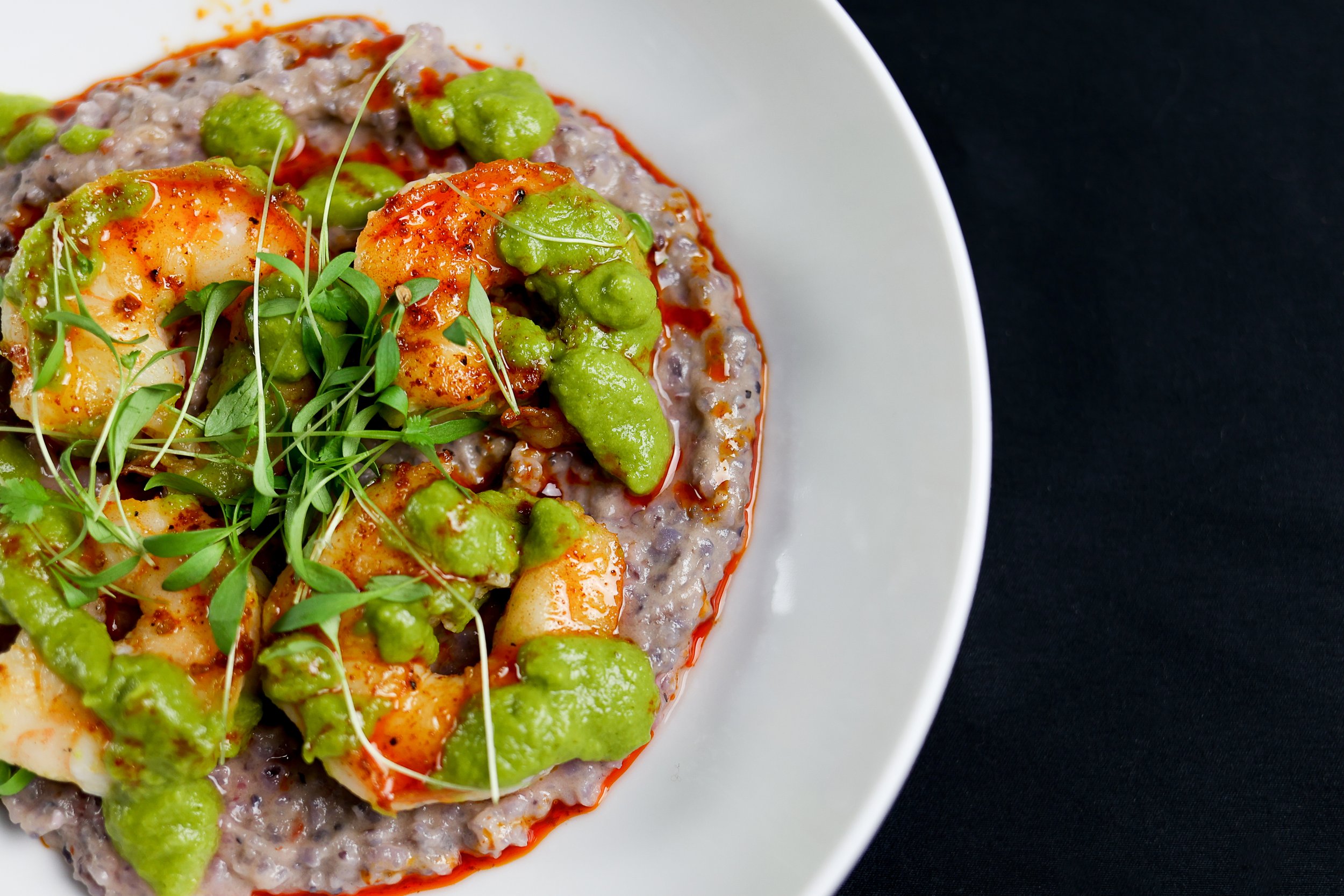 Tex-Mex Shrimp + Heirloom Blue Corn Grits