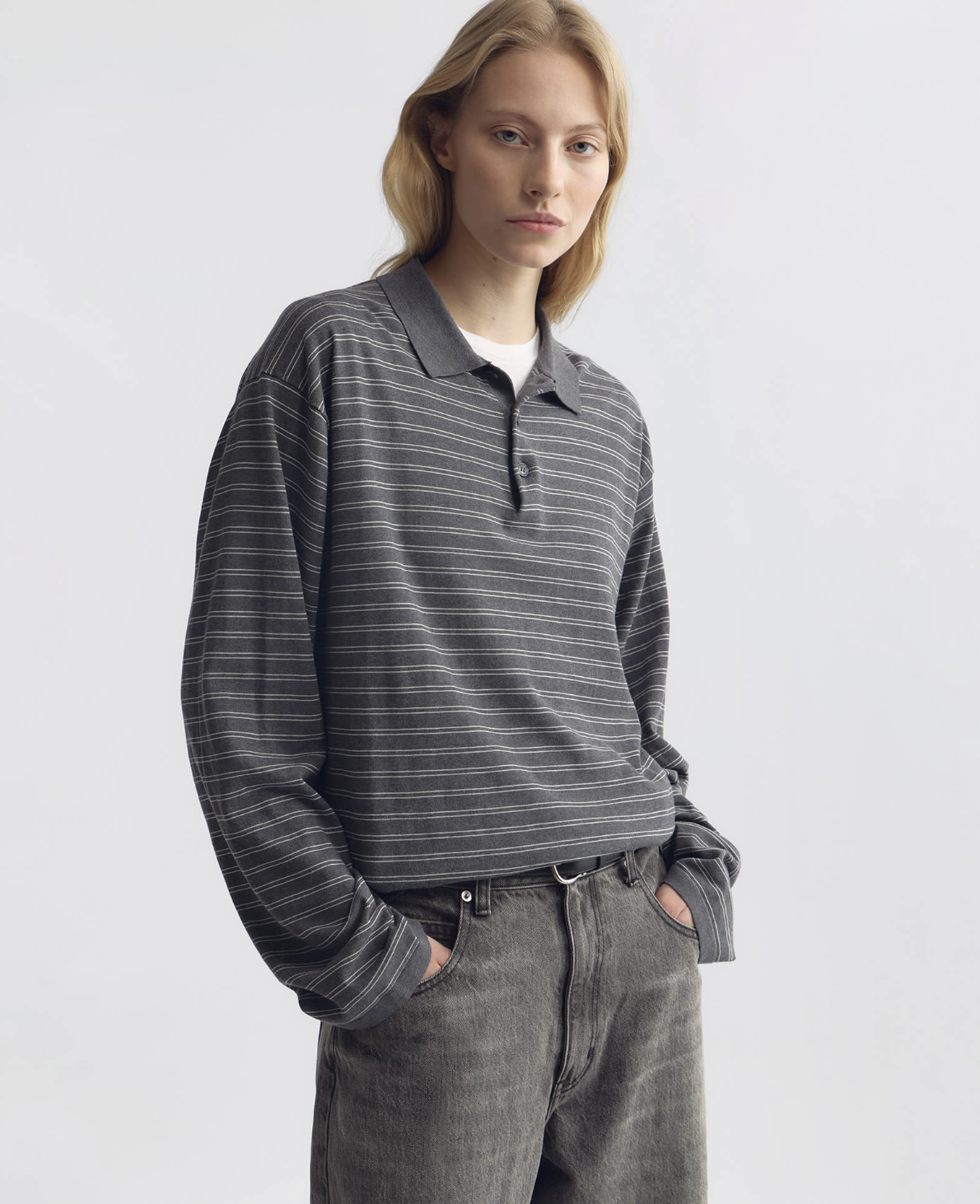 Nili Lotan Foley Stripe Polo in Charcoal Ivory stripe with oversized fit — Sabine Kohler Boutique 1.png