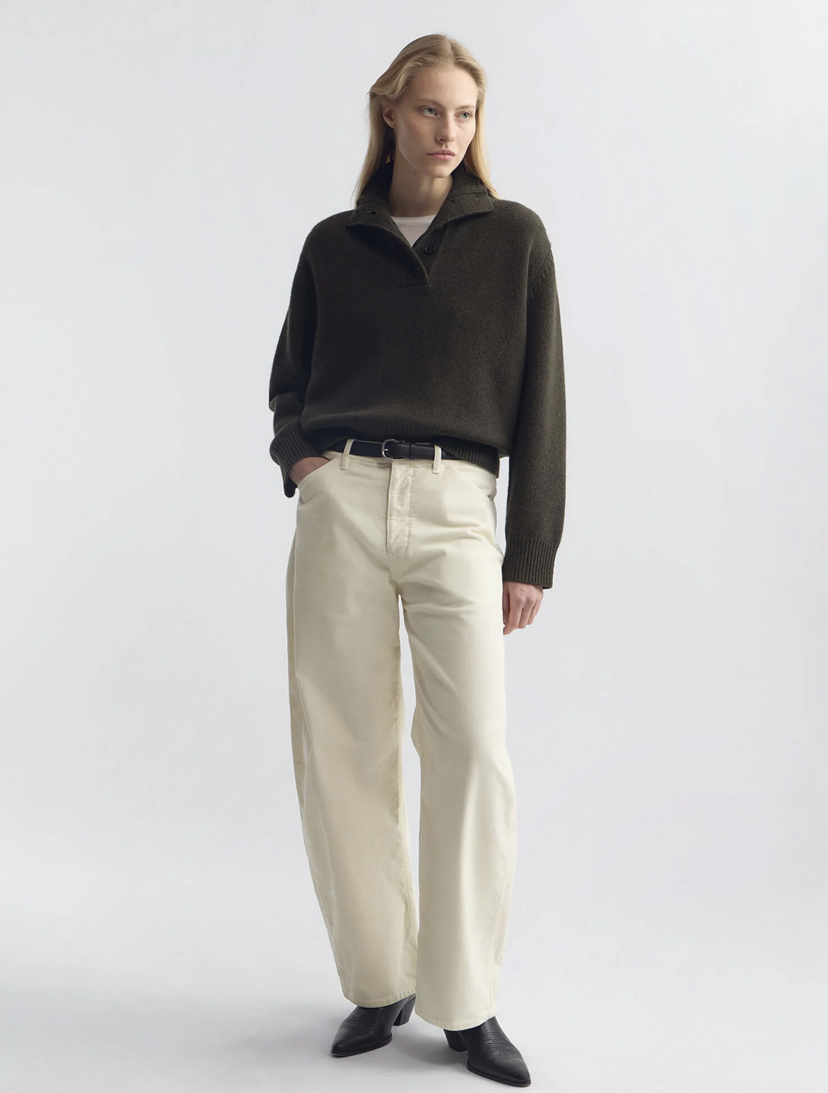 Nili Lotan Renata Wool Sweater in Dark Pine Melange with horn buttons — Sabine Kohler Boutique 1.png