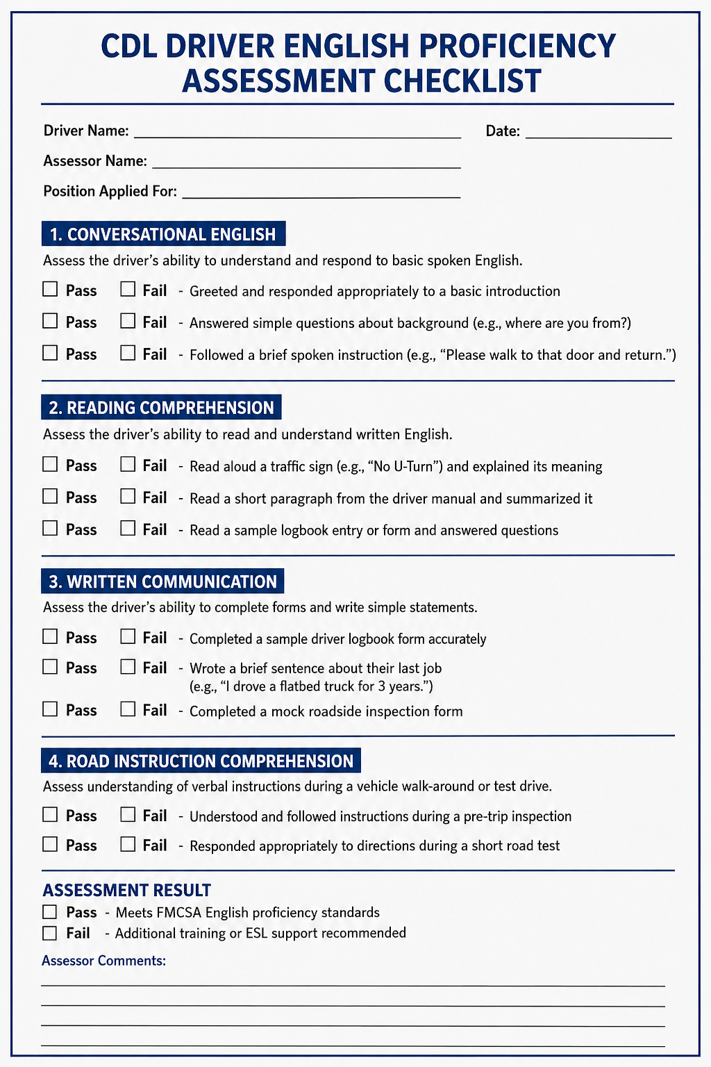 Commercial Driver’s License (CDL) Driver English Proficiency Assessment Checklist