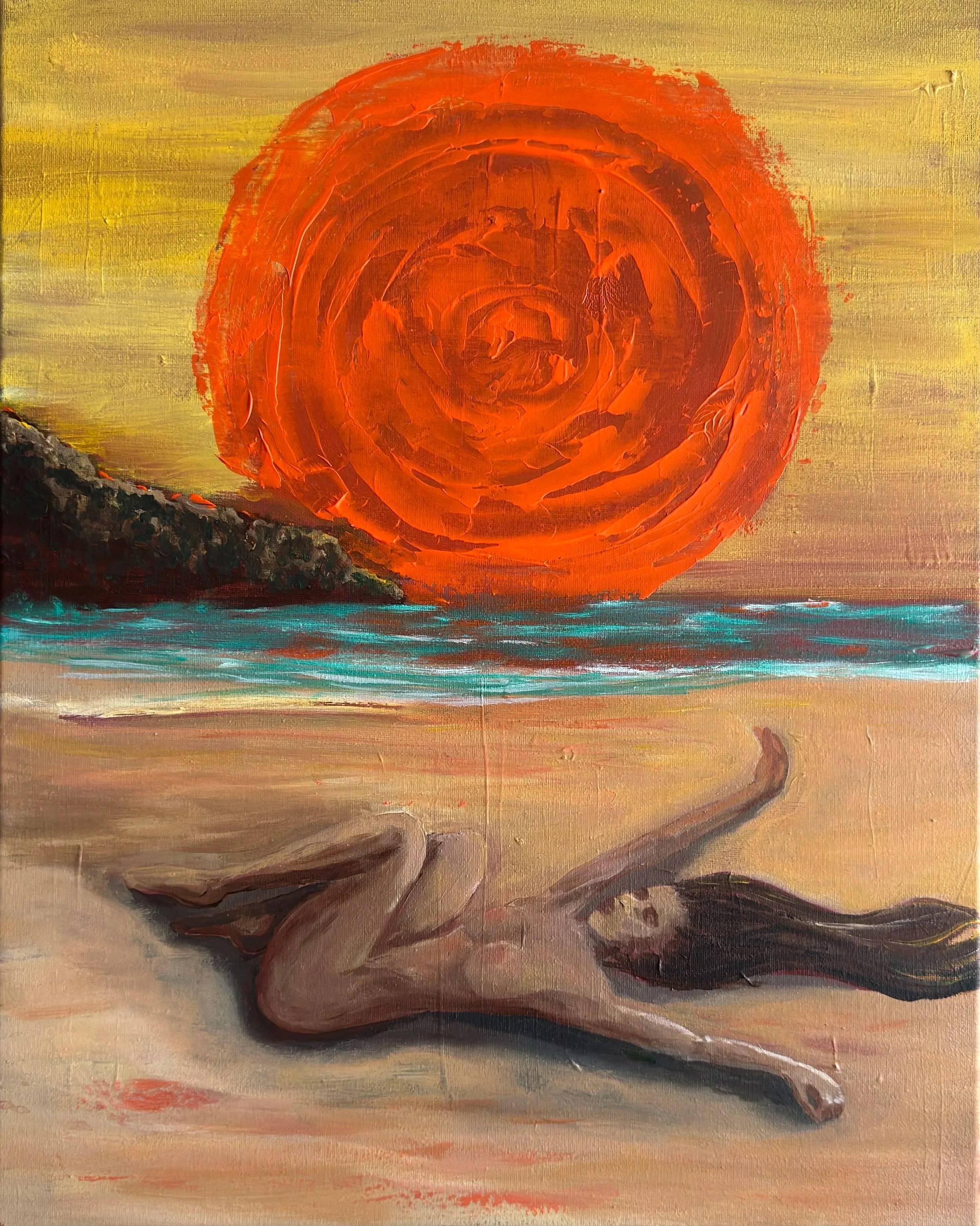 "Sunbather" Nude Sunbather on Beach Abstract Painting