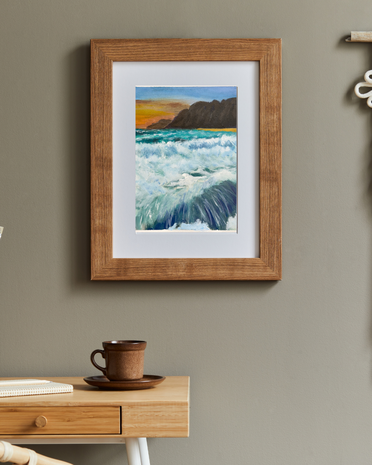 Immersed in the Ocean. Original 8x10 painting on art board. This Hawaiian beach scene puts you on the edge of the ocean as the tide comes up all around you, and the sun rises early in the morning in the distance.