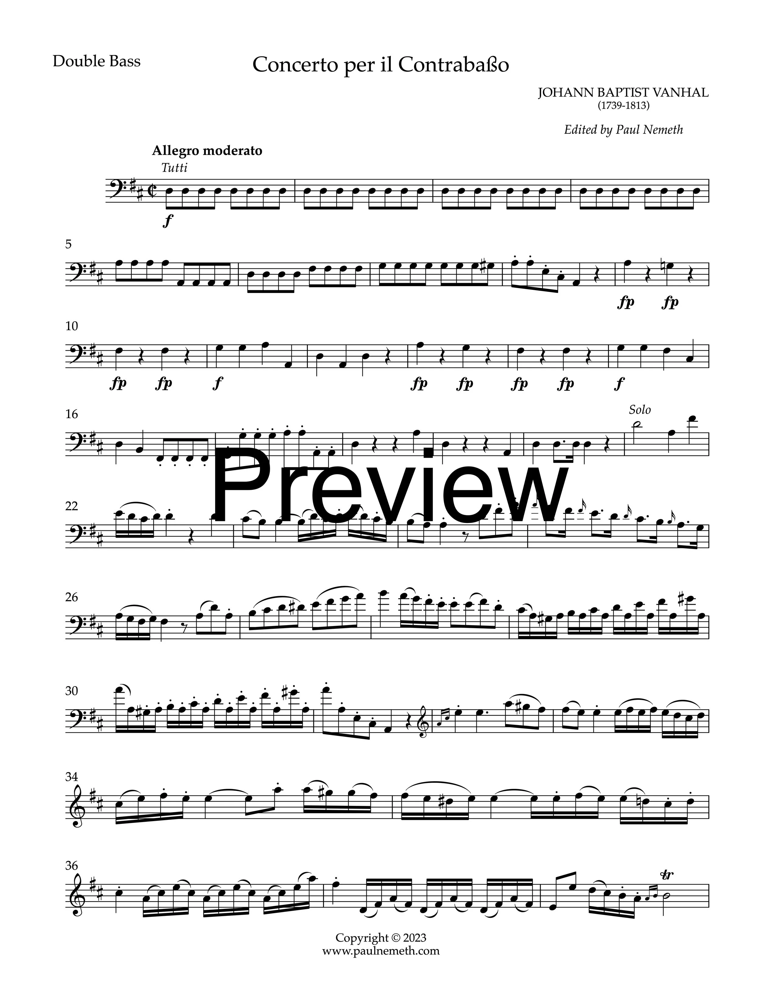 Vanhal - Double Bass Concerto (Urtext), Full Score and Parts in E-flat major, Arranged for Double Bass and String Quartet