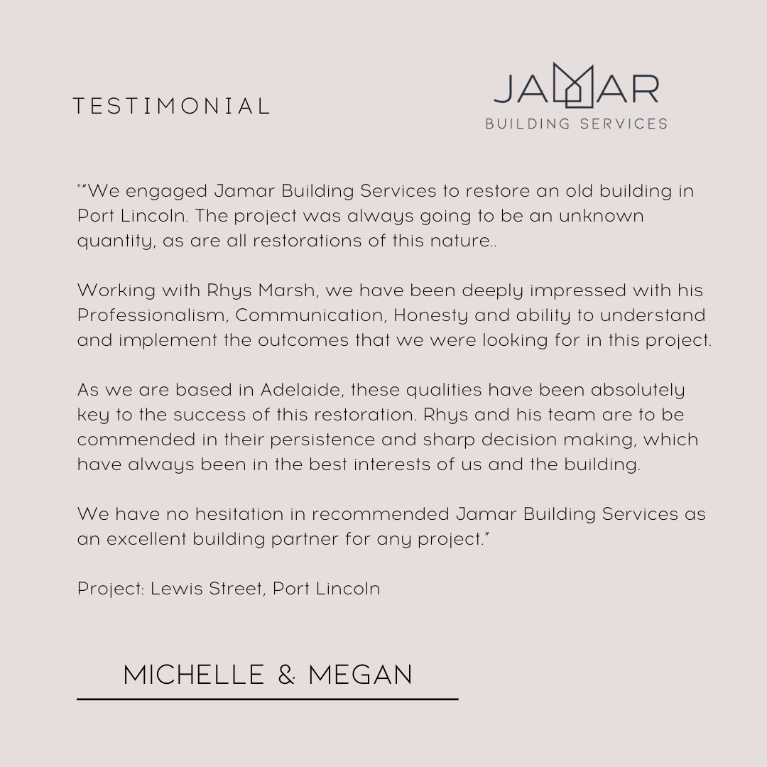 &quot;Working with Rhys Marsh, we have been deeply impressed with his Professionalism, Communication, Honesty and ability to understand and implement the outcomes that we were looking for in this project&quot;.
 
www.jamarbuilding.com.au

#jamarbuild