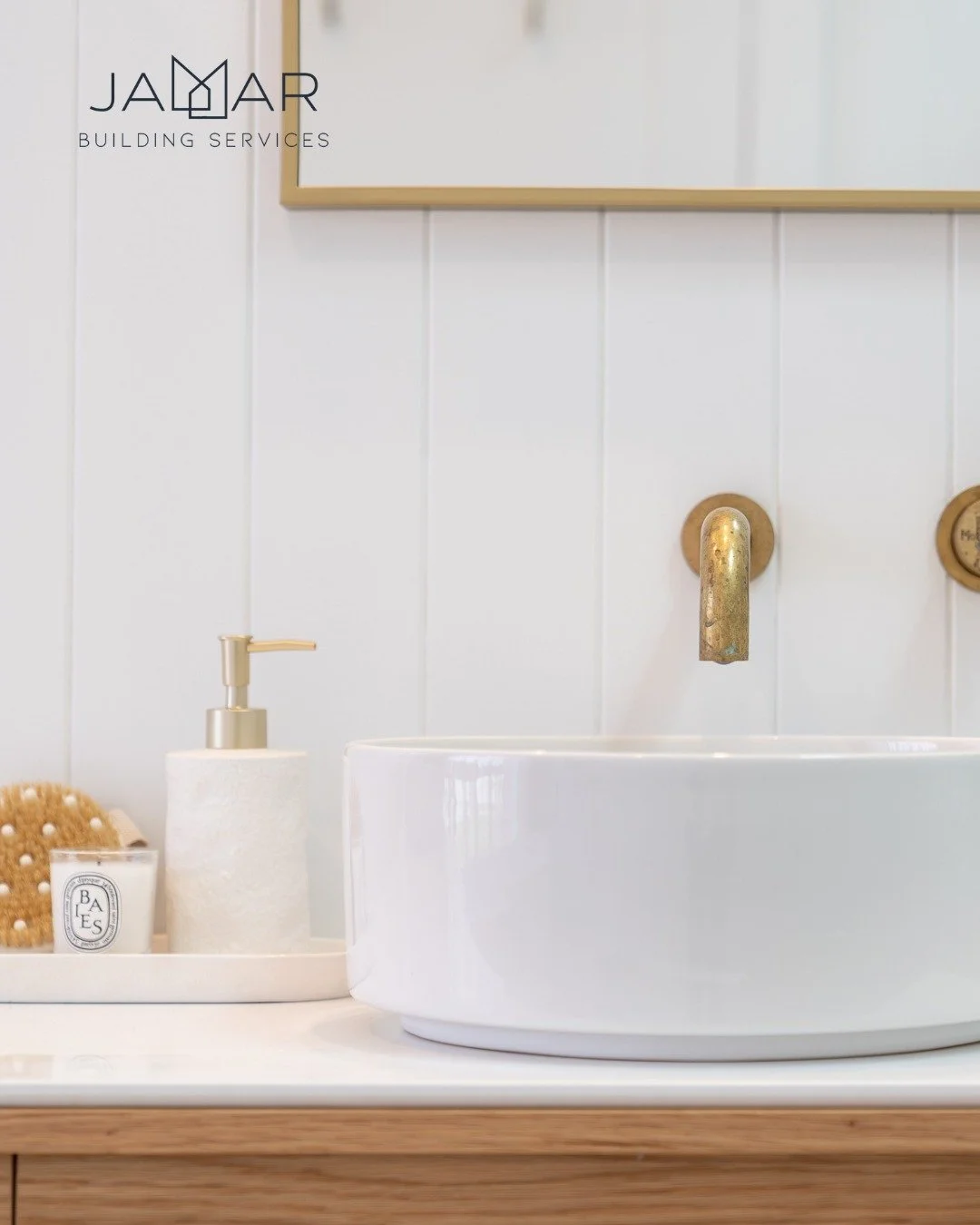 This brushed brass wall-mounted tap adds a bold, timeless touch to a clean, coastal-inspired vanity space. Pairing beautifully with warm timber and crisp whites, it&rsquo;s the small details that enhance the entire bathroom.

To view more photos of t