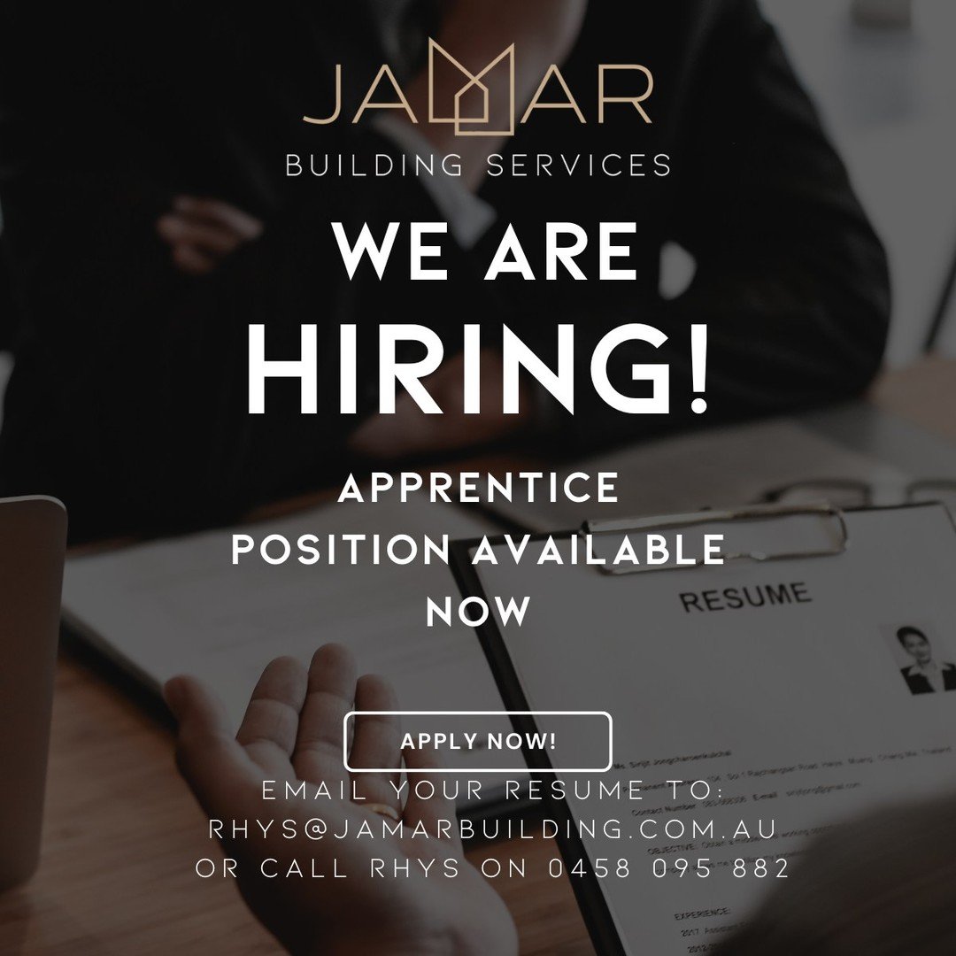 We're searching for an enthusiastic apprentice to join our team! If you're eager to learn and grow with us, don't miss this chance. Apply now!!⠀⠀⠀⠀⠀⠀⠀​​​​​​​​⠀⠀⠀⠀⠀​​​​​​​​

Please email your resume to: rhys@jamarbuilding.com.au⠀⠀⠀⠀⠀⠀⠀⠀⠀​​​​​​​​
OR⠀⠀⠀