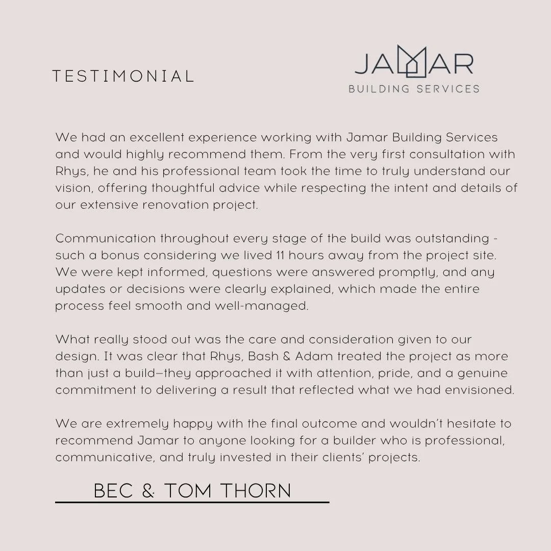 Nothing speaks louder than the words of our clients.

This is what building with Jamar really feels like.

www.jamarbuilding.com.au

#jamarbuildingservices #dreamhome #houseinspiration #coastalhome #foreverhome #newhomebuild #rennovations #buildingse